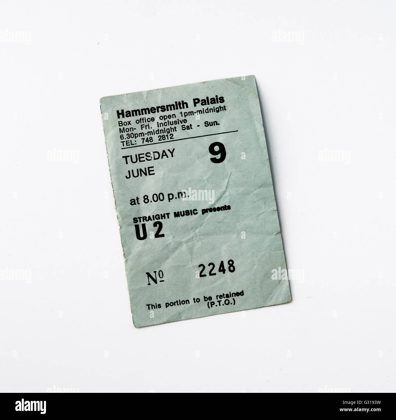 A ticket for an early U2 concert at the Hammersmith Palais, London Stock Photo