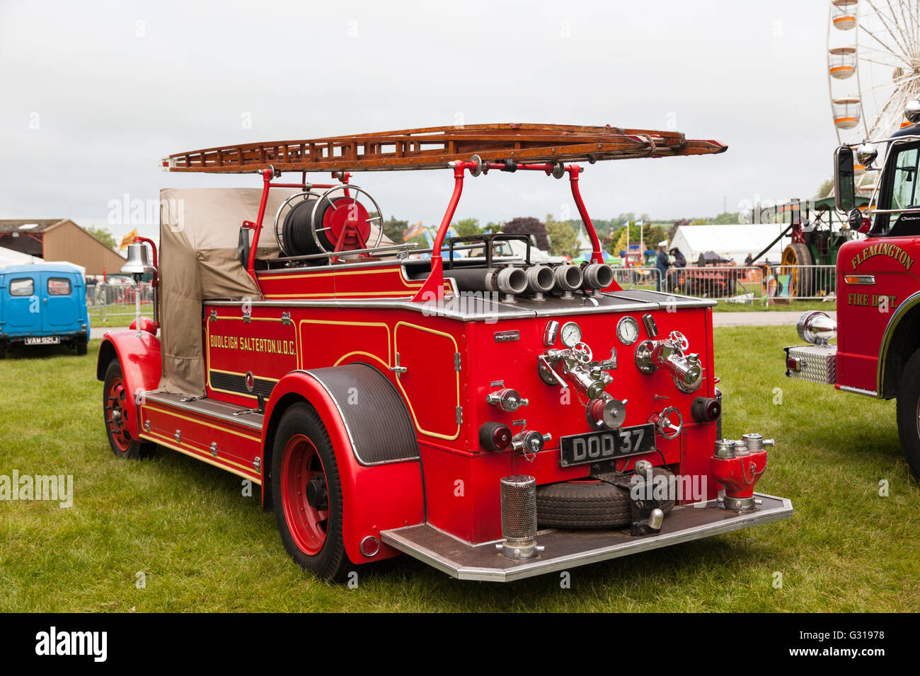 Close up of an old traditional classic vintage red Fire Engine shown at the Royal Bath & West Show, Shepton Mallet, Somerset. England, UK Stock Photo