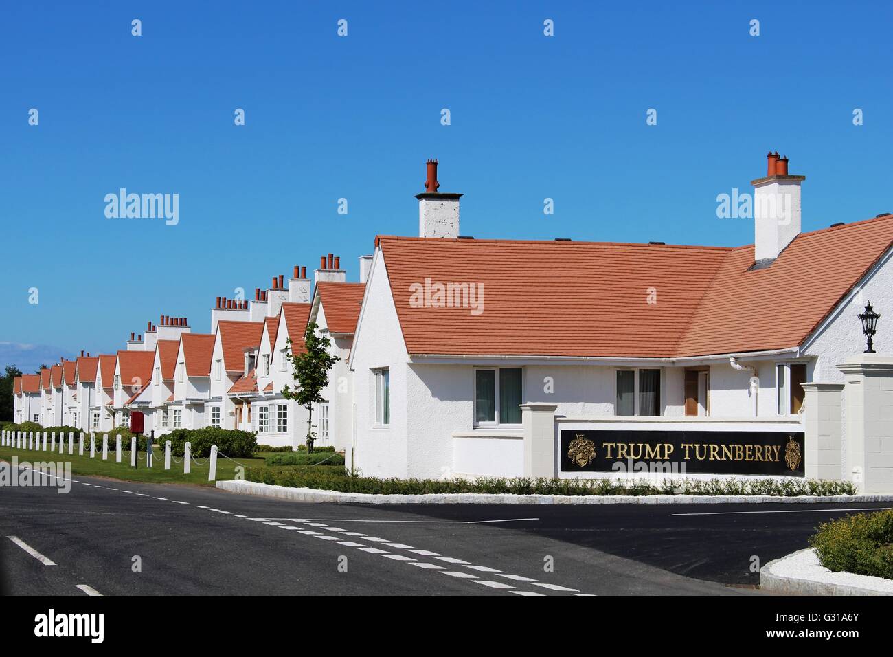 Entrance to Trump Turnberry the golf and spa resort on the Ayrshire coast, Scotland owned by Donald Trump reopening in June 2016 Stock Photo