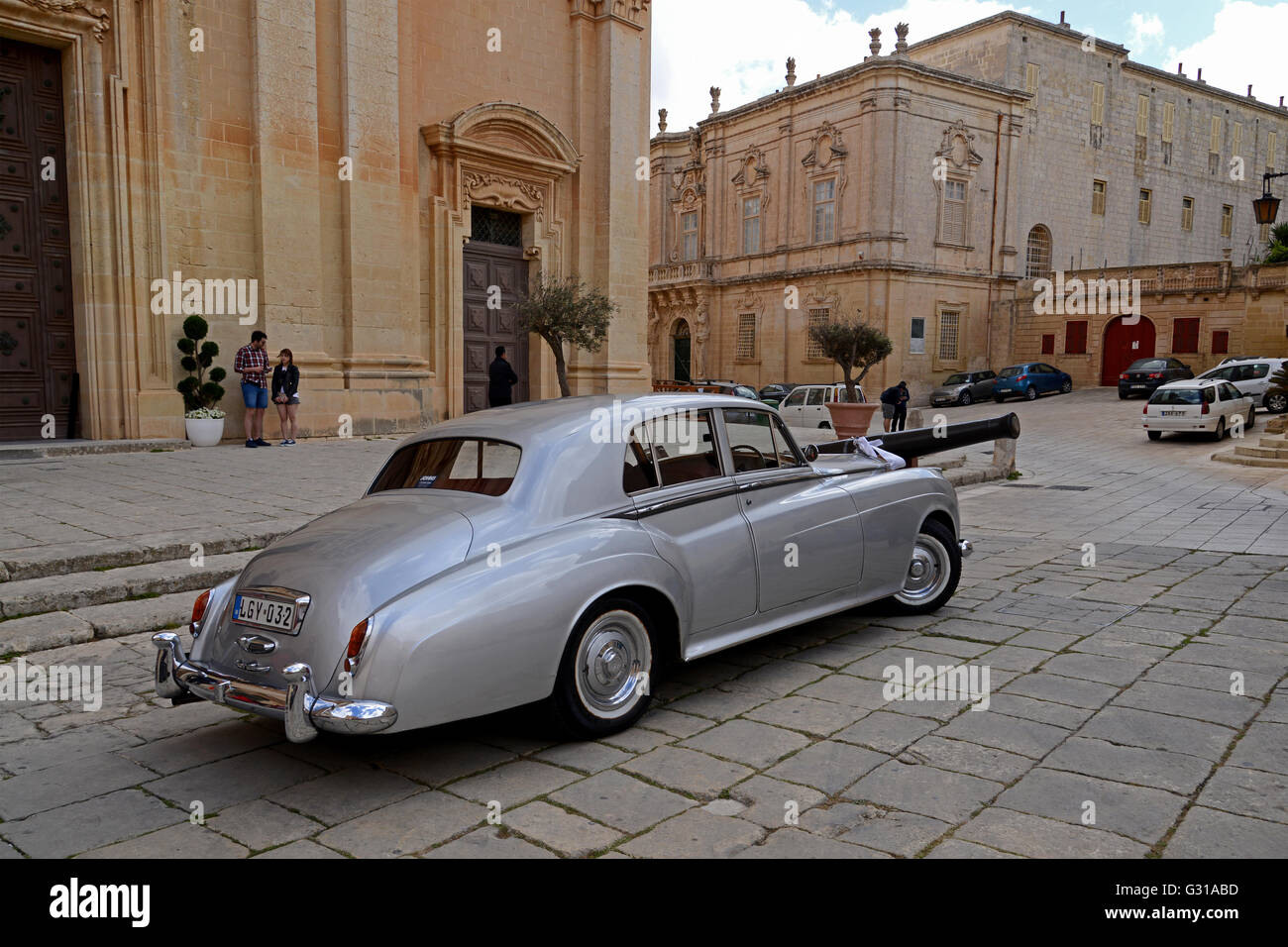 Wedding Car outside St. Paul's Cathedral, Mdina Stock Photo