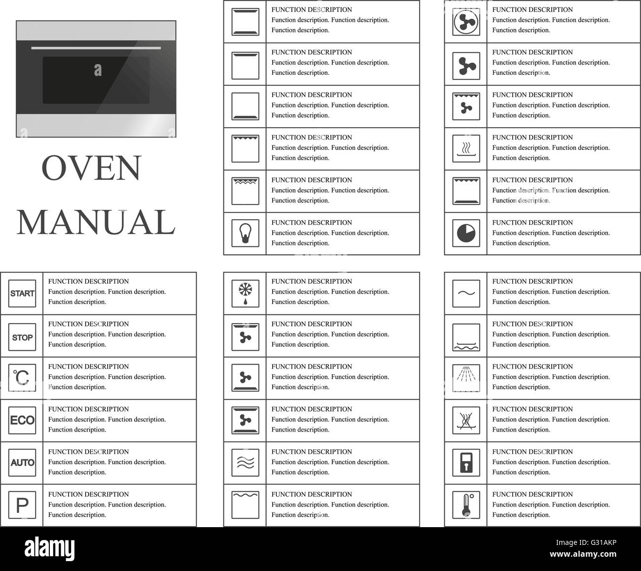 Oven manual symbols. Instructions. Signs and symbols for oven exploitation manual. Instructions and function description. Vector Stock Vector