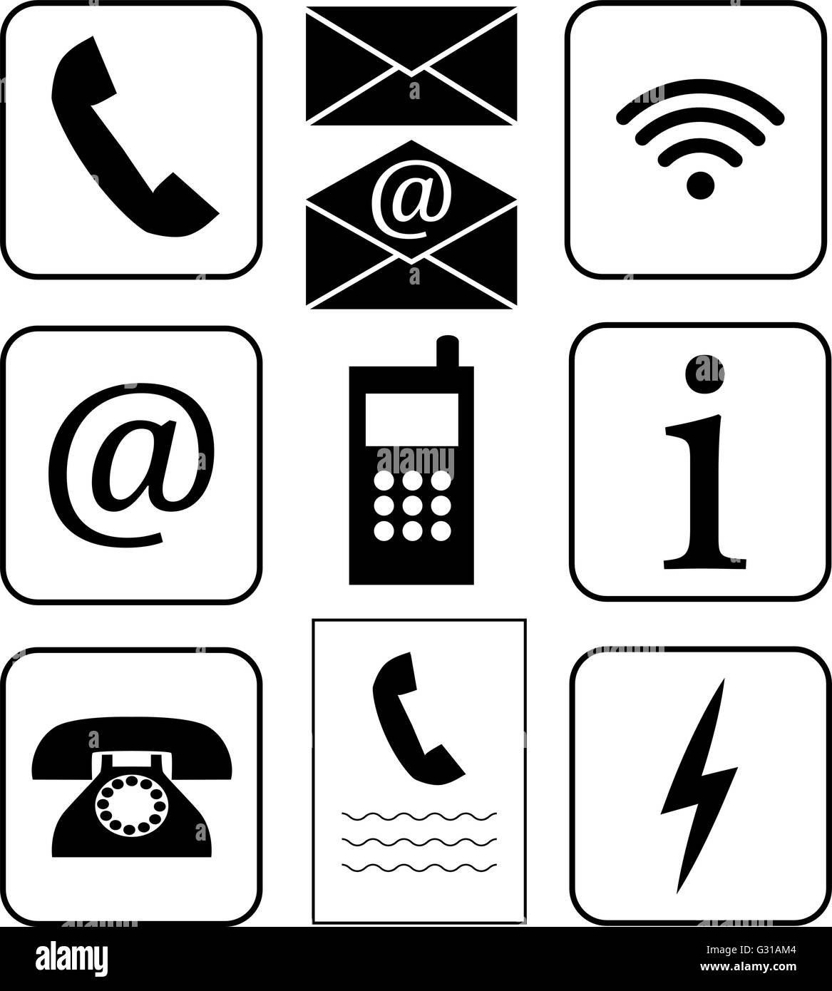 Vector. Set of icons. Public signs. Communication and info. Telecommunication icons. Phone, wifi, info, mail, e-mail, fax,charge Stock Vector