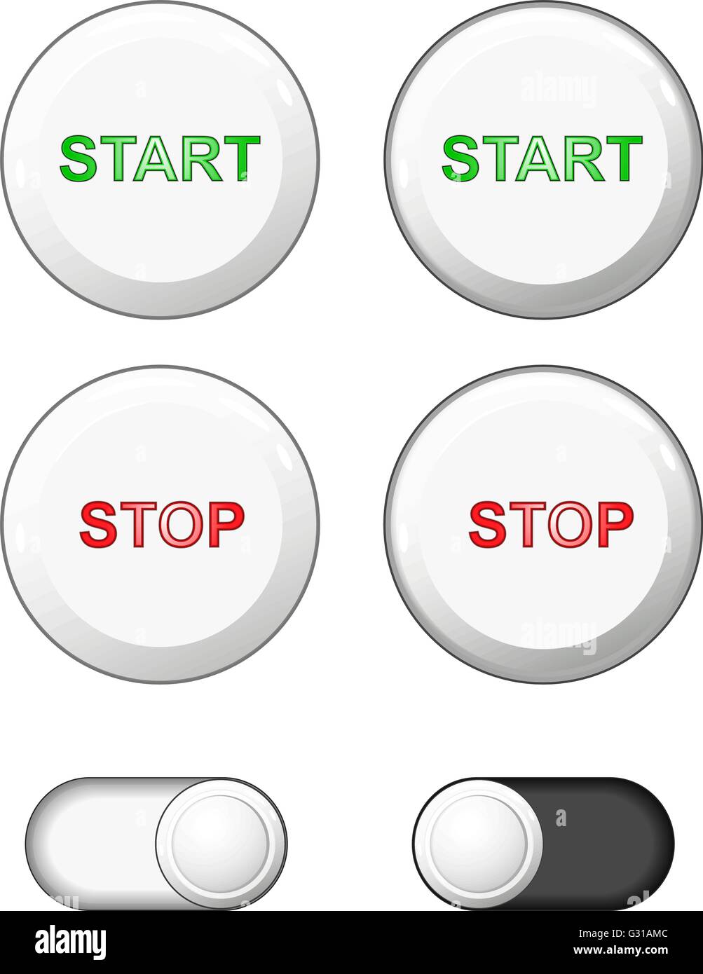 Vector. Set of buttons. White plastic round solid buttons. Web buttons icons for internet: start button, stop button, slide Stock Vector