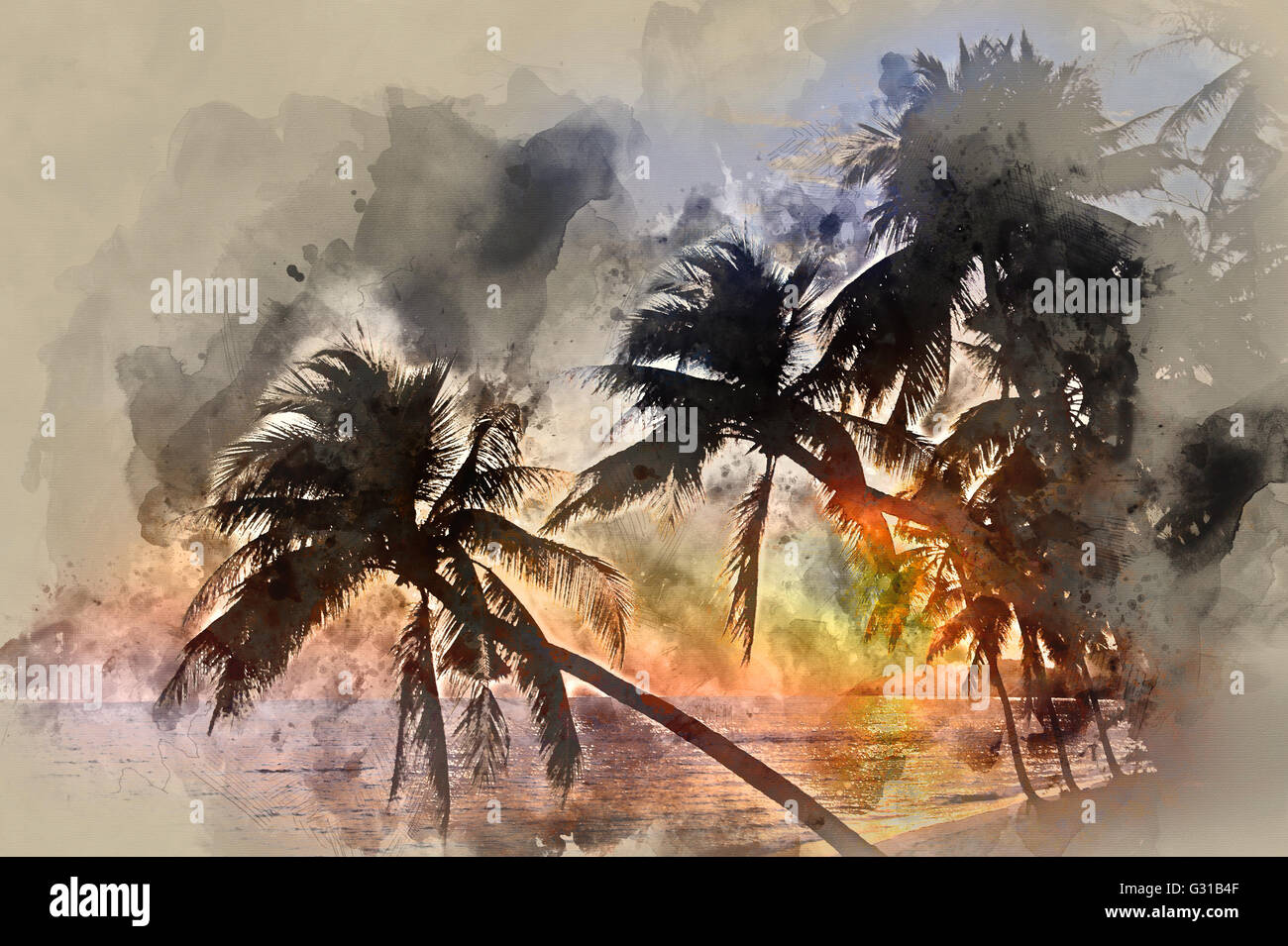 Idyllic scene of palm trees near the sea at sunset Stock Photo