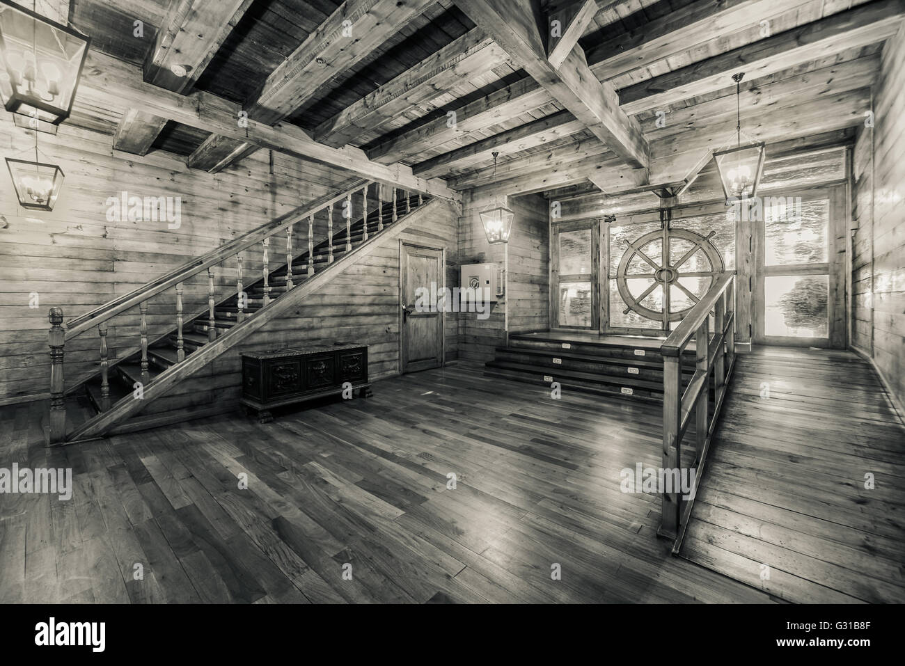 Interior of old pirate ship. Black and white image Stock Photo