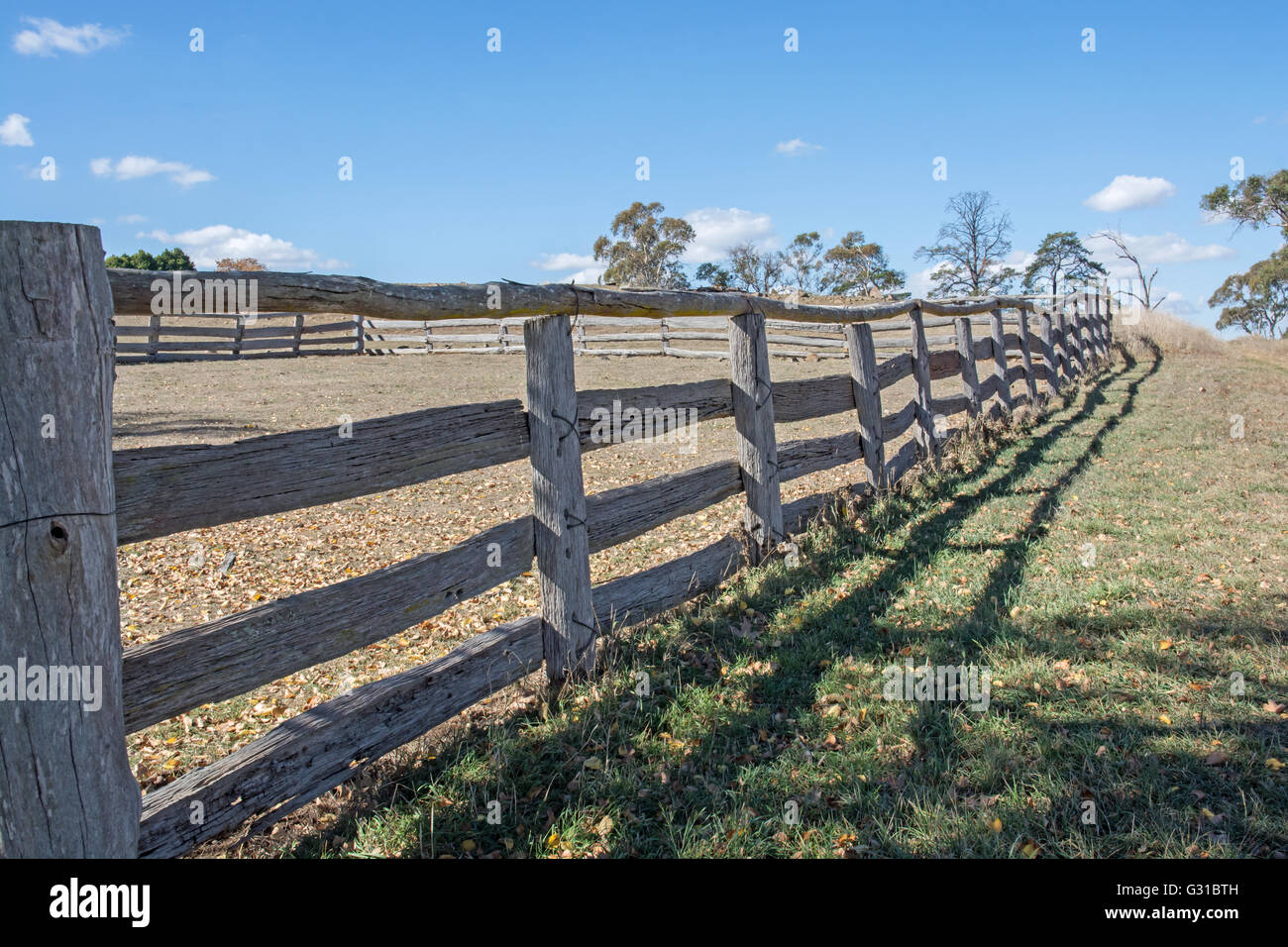 Old Stock Yard's Post and Rail Fence on a Farm at Armidale NSW Australia Stock Photo