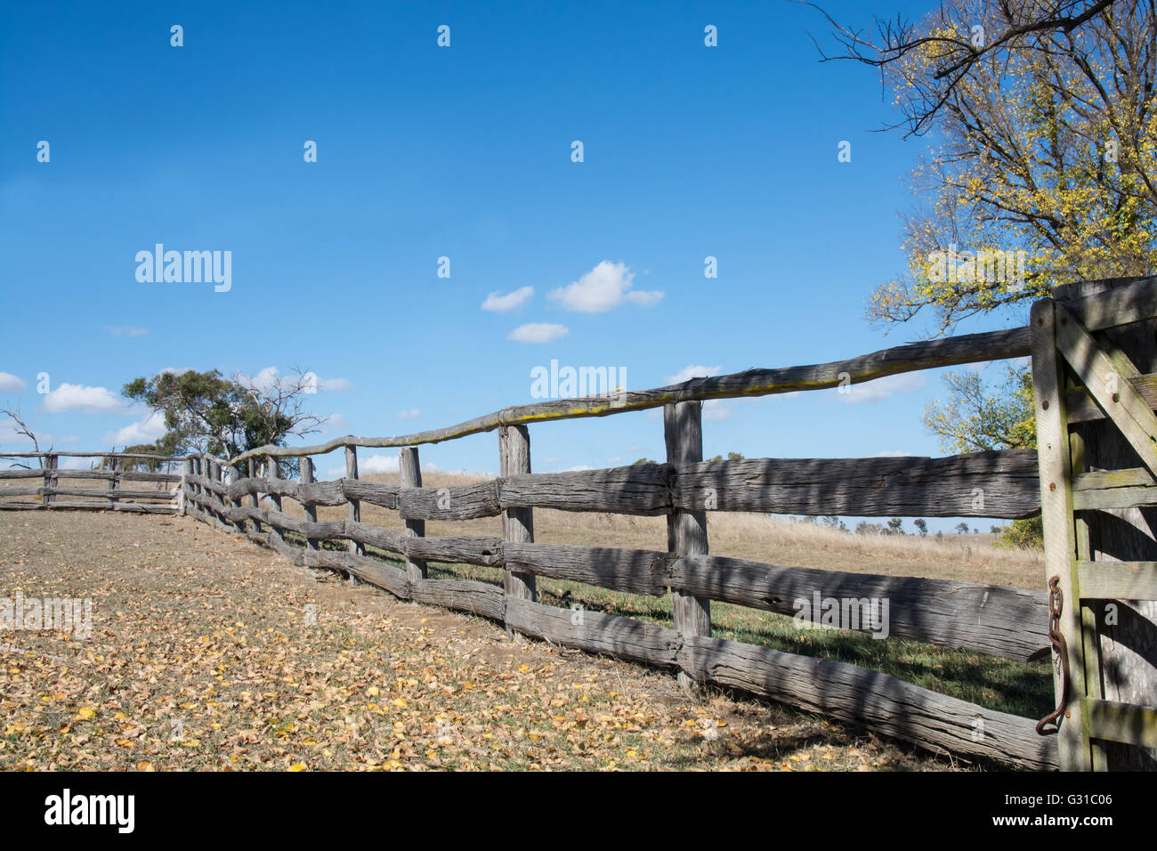 Old Stock Yard's Post and Rail Fence on a Farm at Armidale NSW Australia Stock Photo
