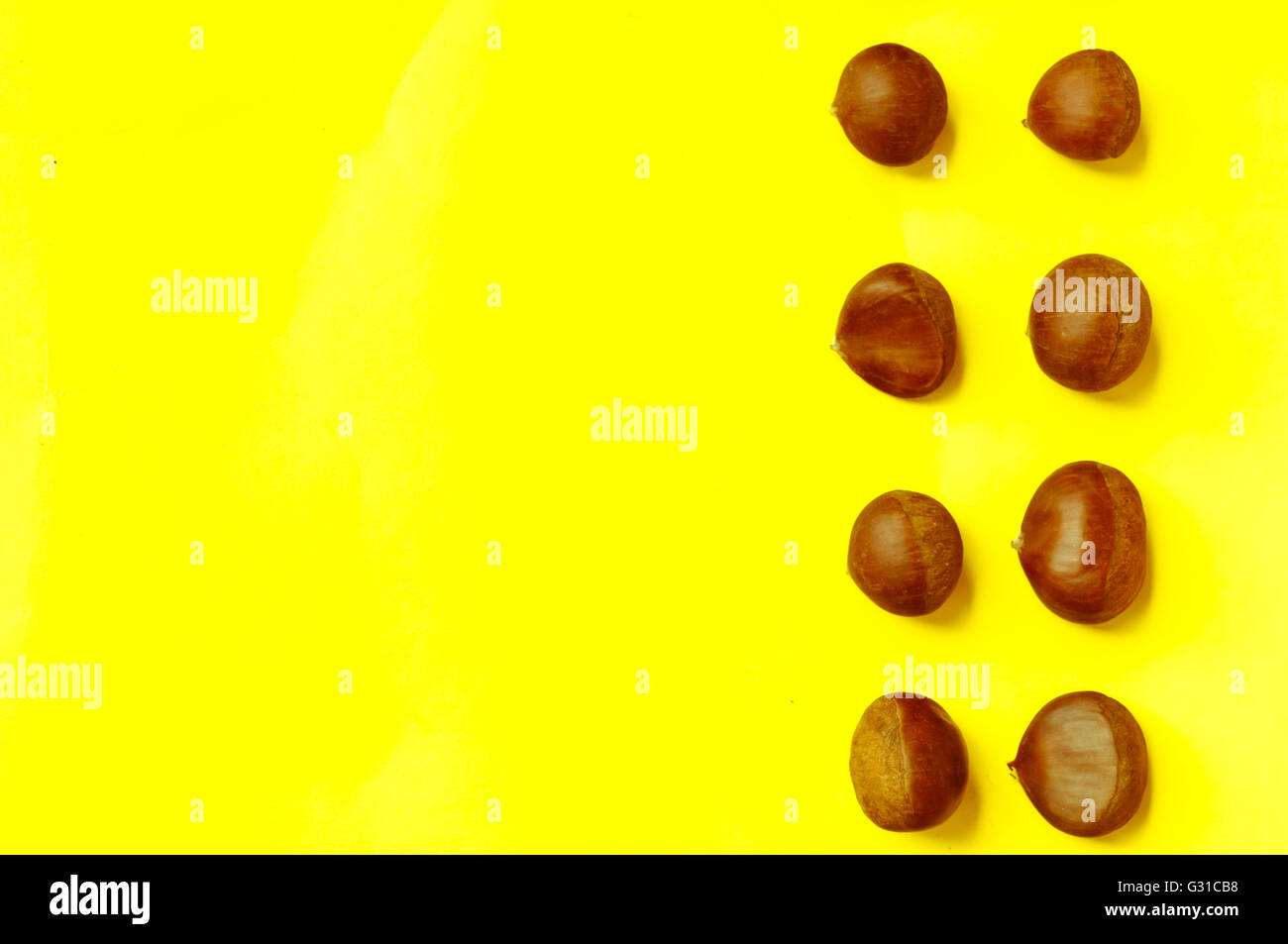 Chestnut pattern on yellow background, top view, horizontal, copy space Stock Photo