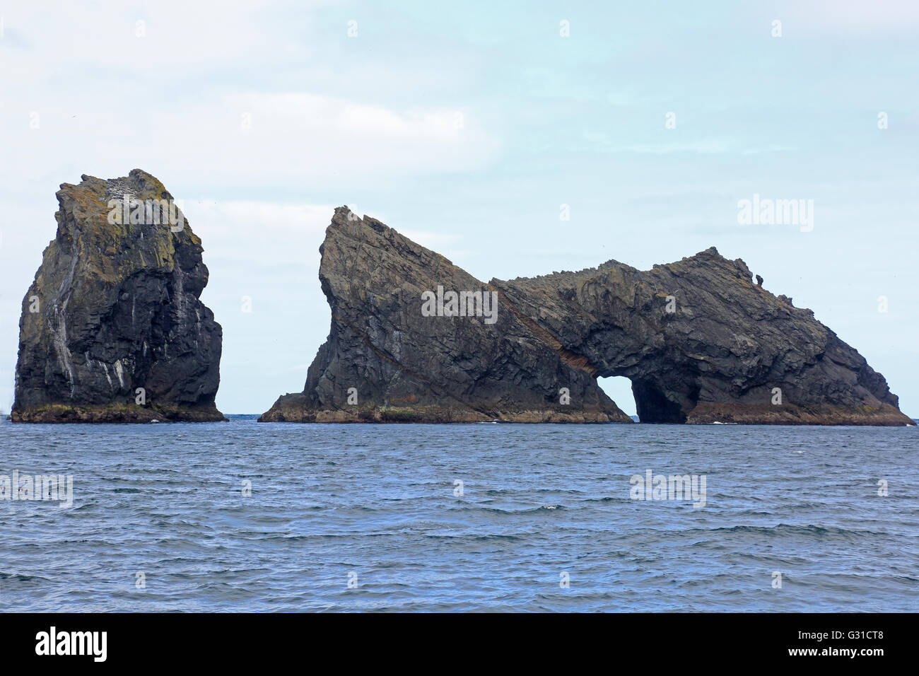 Sea stack between Soay and Hirta at St Kilda taken from the sea Stock Photo