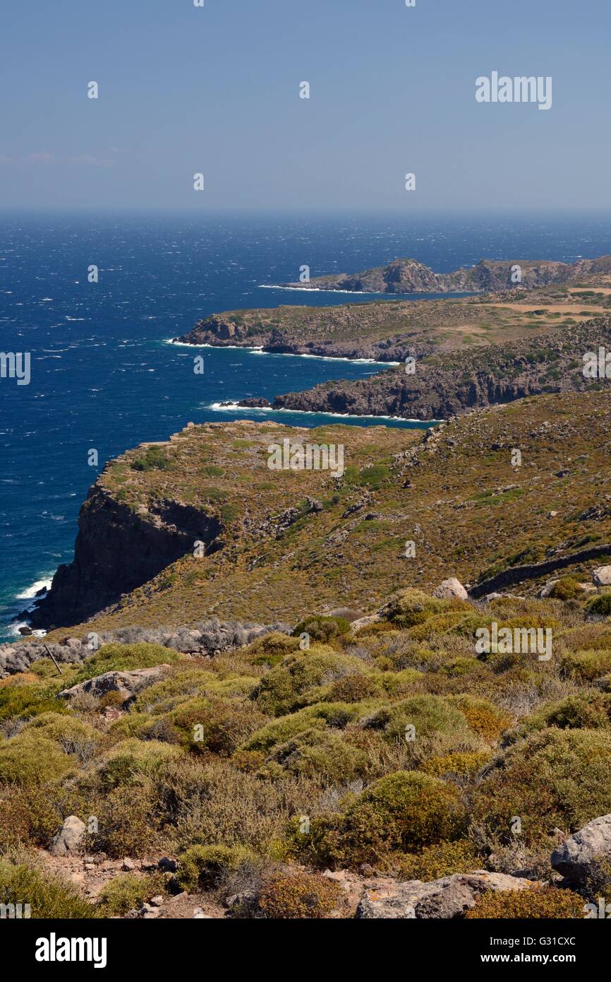 Rugged volcanic coastline looking towards Cape Sardela, with low growing phrygana / garrigue scrub, Patmos north coast. Stock Photo