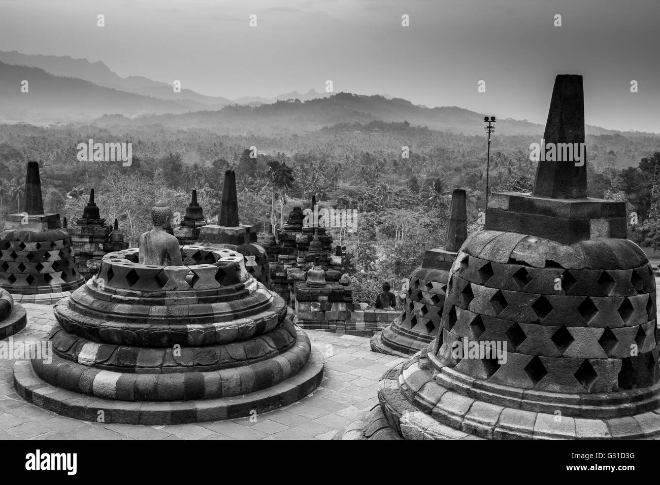 Black and white Borobudur Temple, Yogyakarta, Java, Indonesia. Stock Photo