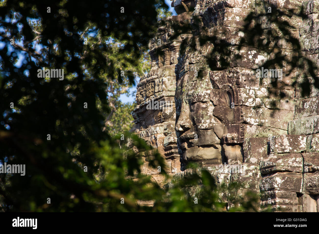 ancient of Prasat Bayon temple and tree frame, Angkor Thom , is popular tourist attraction in Siem reap, Cambodia Stock Photo