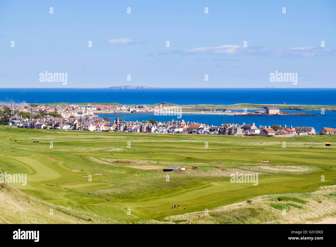 View across Earlsferry Links golf course to village on Firth of Forth coast. Elie and Earlsferry East Neuk Fife Scotland UK Stock Photo