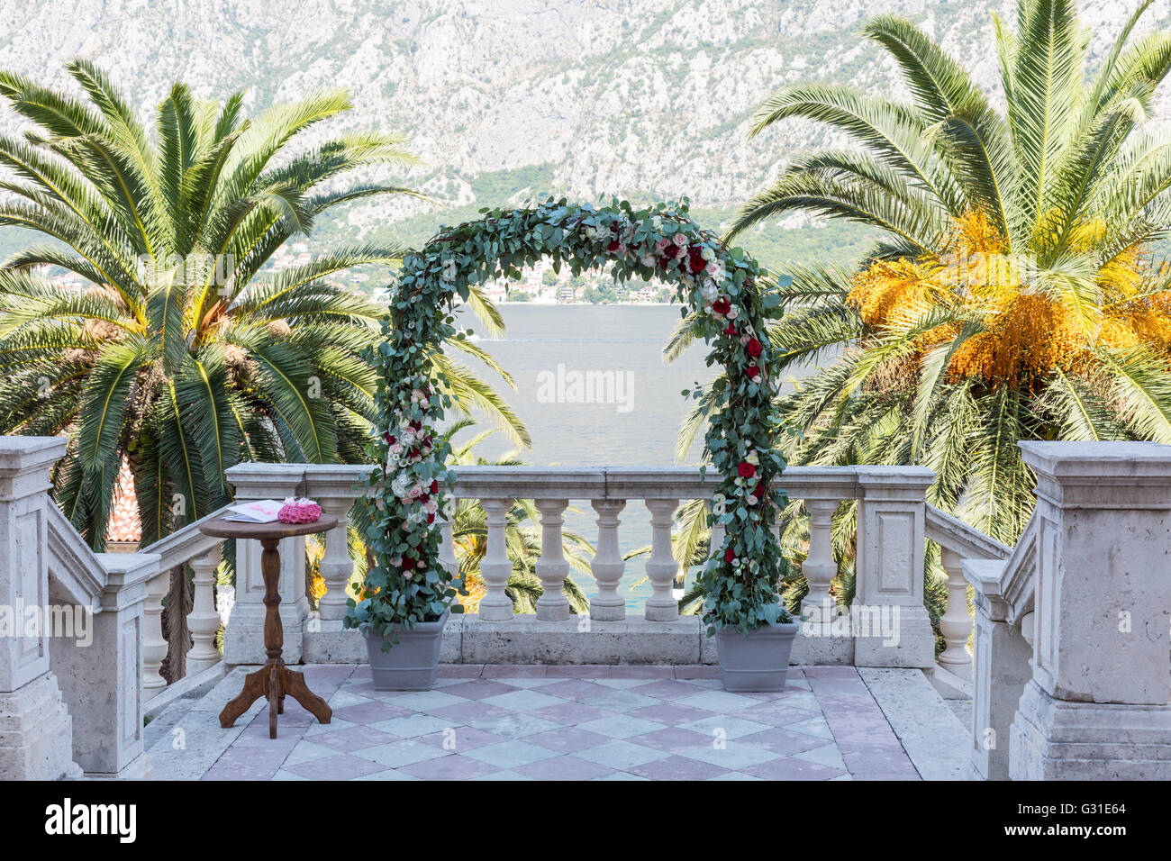 wedding arch for the ceremony of flowers. Stock Photo