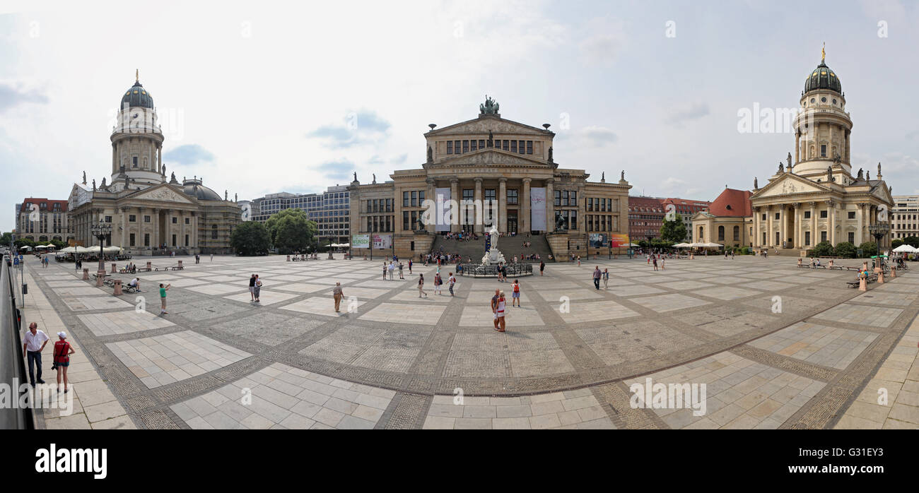 Berlin, Germany, overlooking the Gendarmenmarkt with German Cathedral, Konzerthaus and French Cathedral Stock Photo