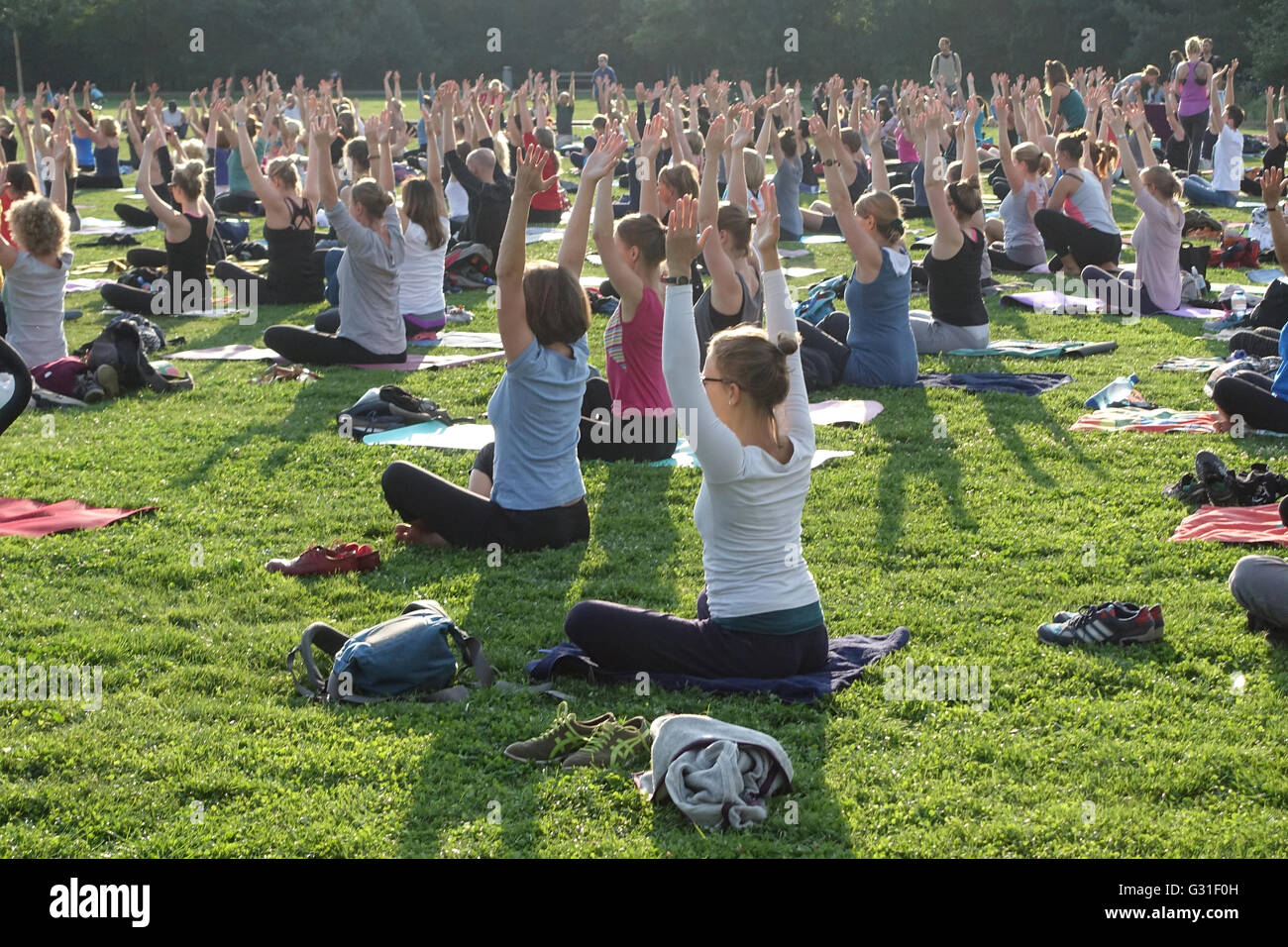 Berlin, Germany, people at the Open Air Yoga in the Park at Gleisdreieck Stock Photo