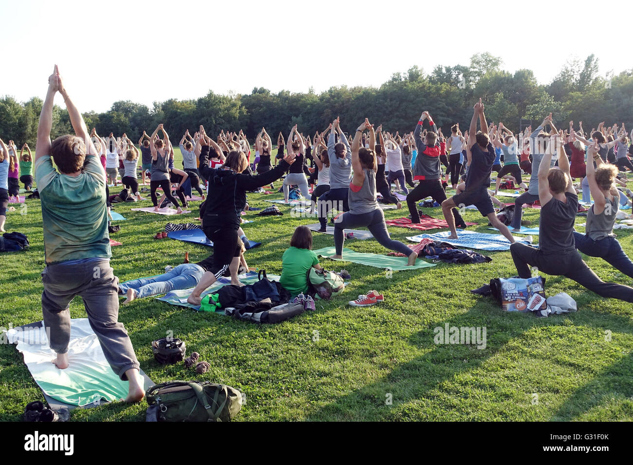 Berlin, Germany, people at the Open Air Yoga in the Park at Gleisdreieck Stock Photo