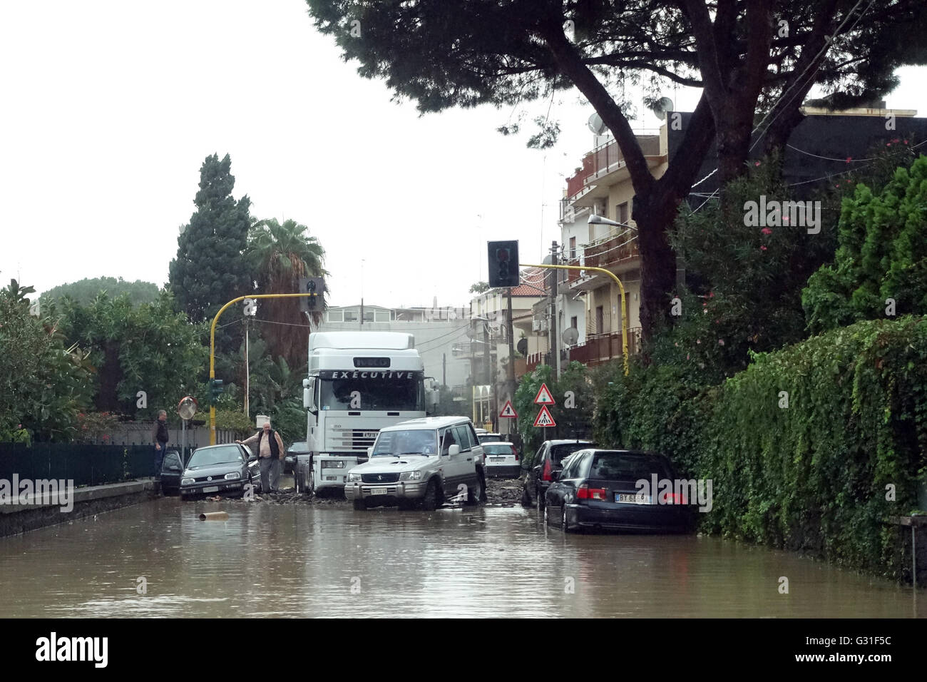 Aci Trezza, Italy, over flooded by rainwater and impassable road Stock Photo