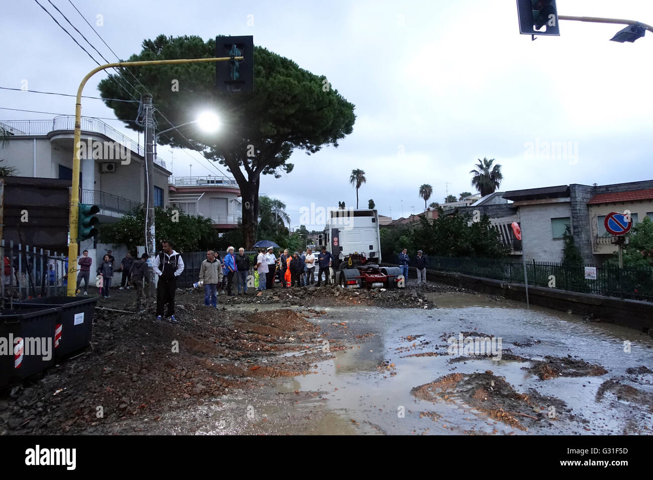 Aci Trezza, Italy, over flooded by rainwater and impassable road Stock Photo