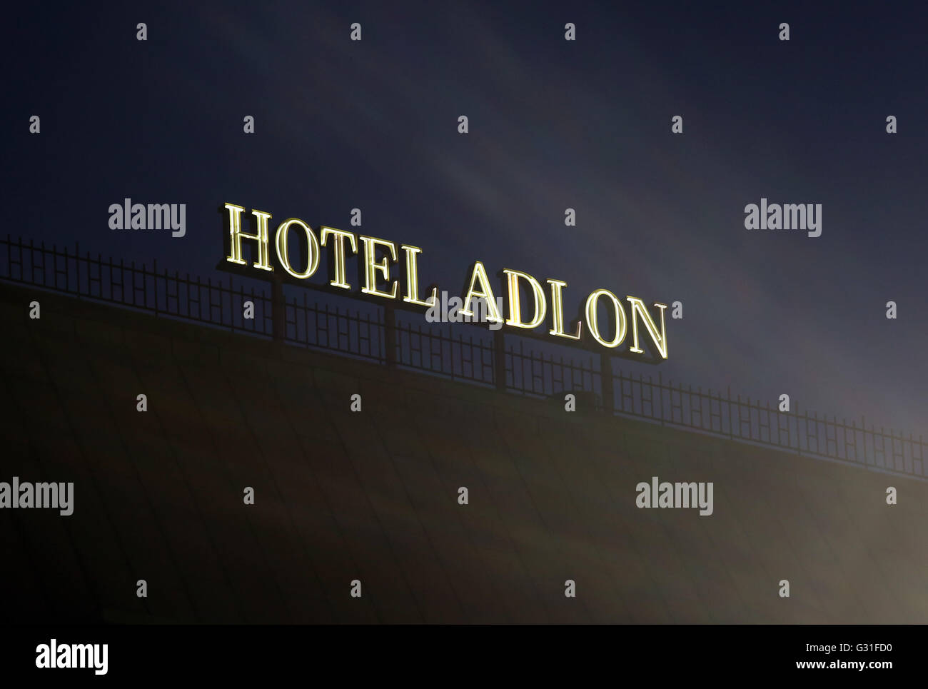 Berlin, Germany, lettering of the Hotel Adlon at night Stock Photo
