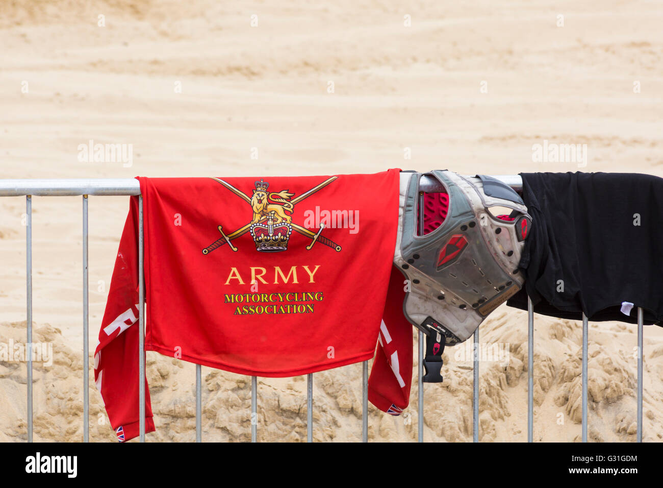 Army Motorcycling Association top hanging on barrier at at Bournemouth Wheels Festival in June Stock Photo