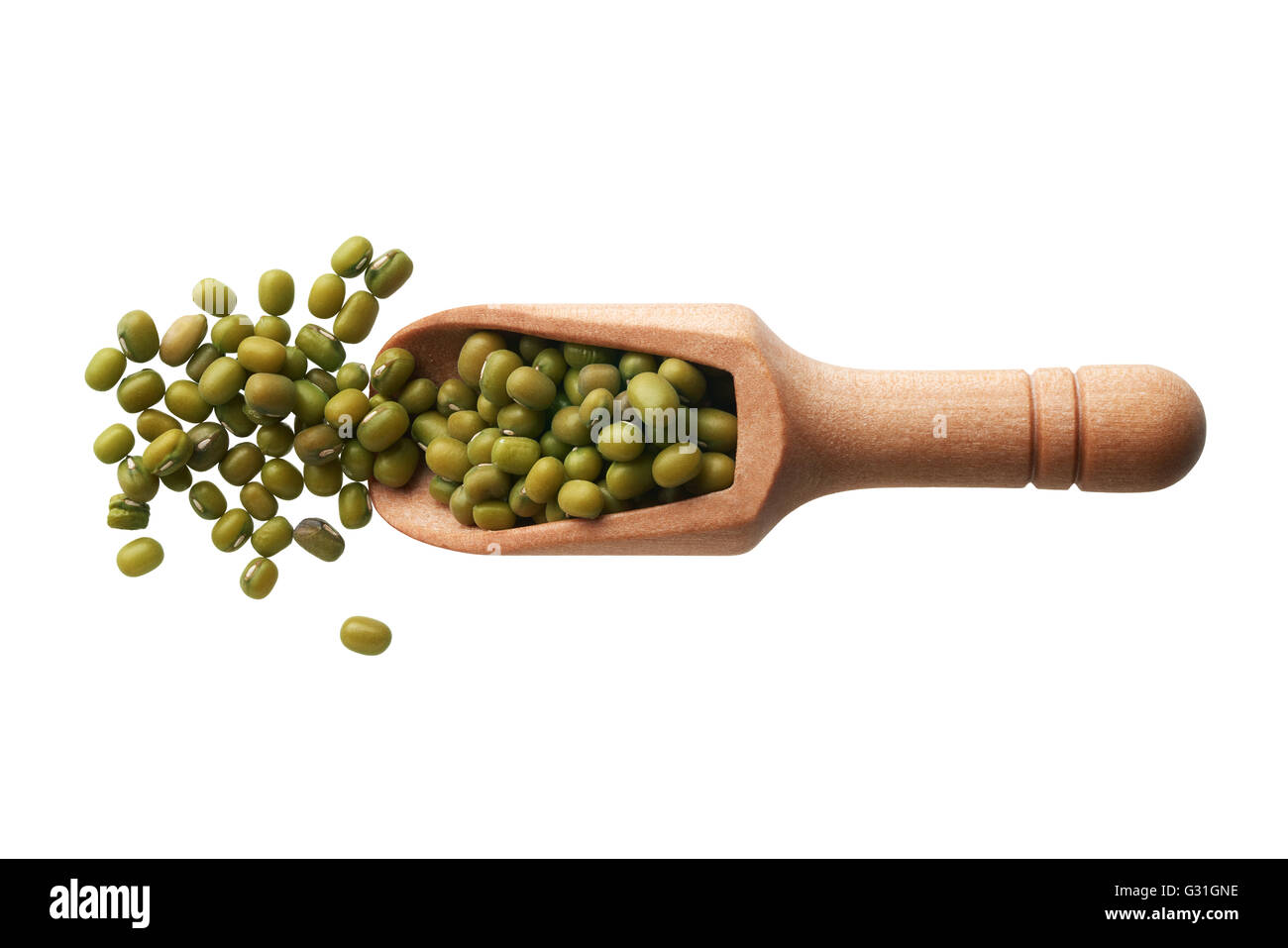 Food ingredients: heap of mung beans in a wooden scoop, on white background Stock Photo