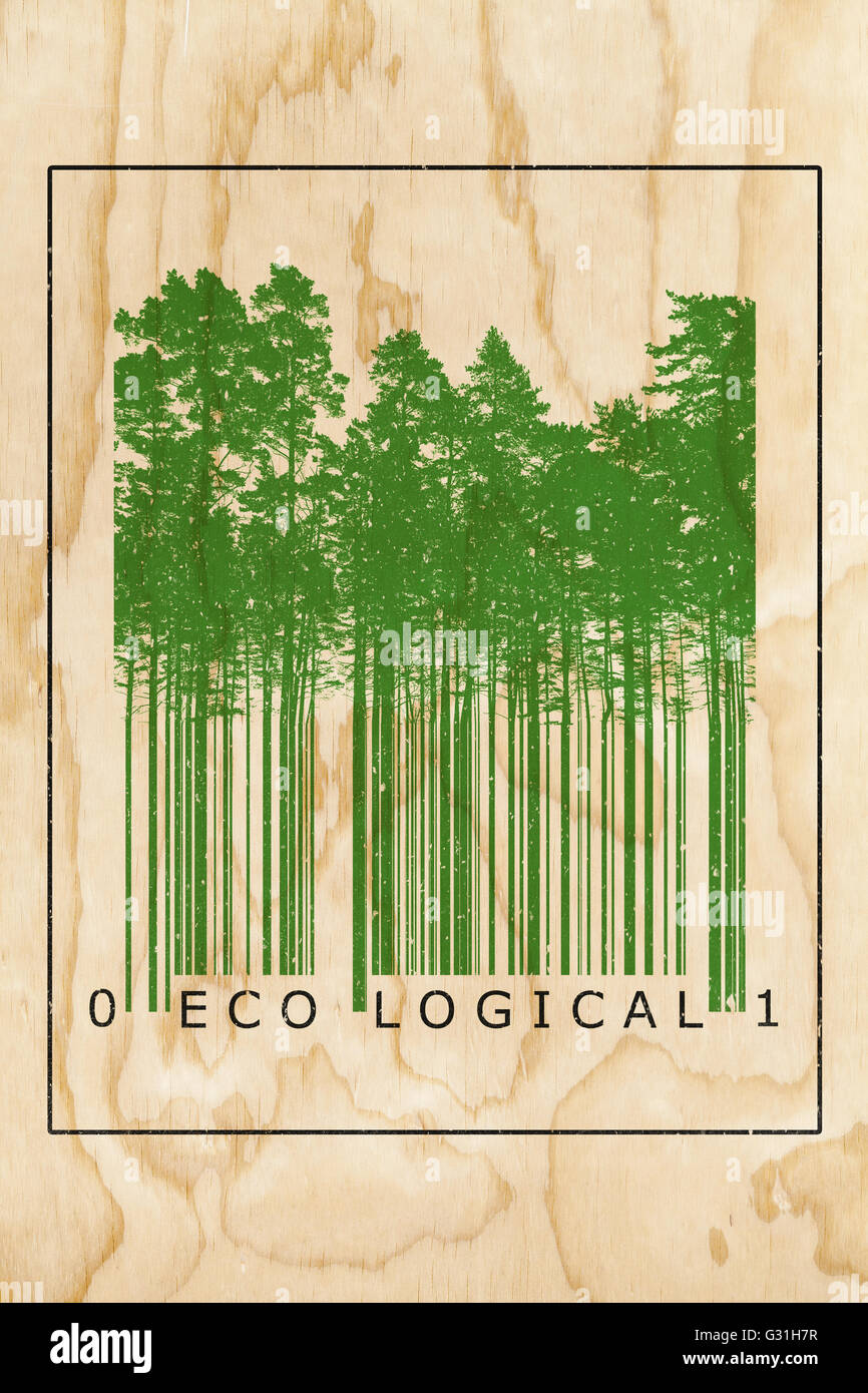 Ecological natural product bar code concept with green trees silhouettes over wooden texture Stock Photo