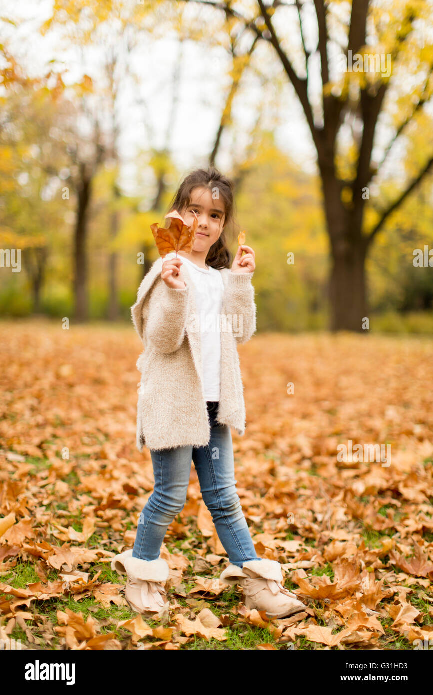Cute little girl in the autumn park Stock Photo - Alamy