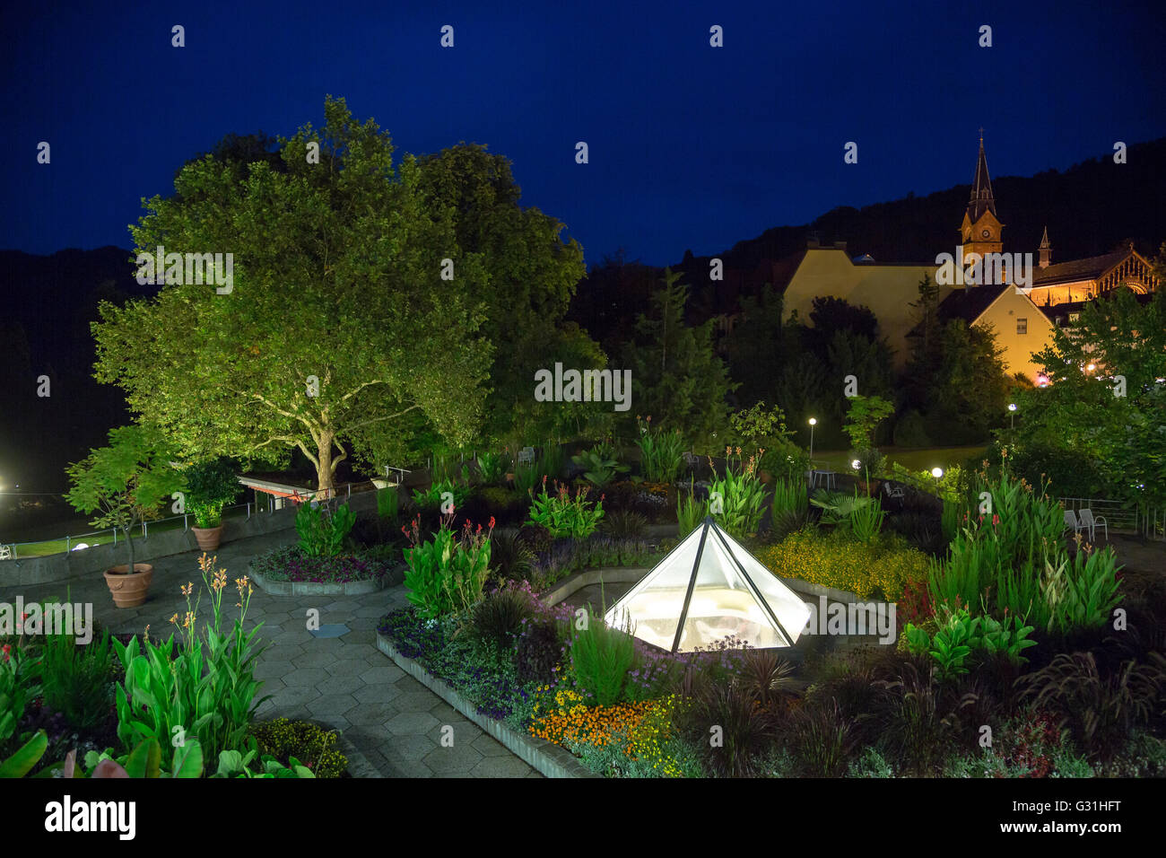 Badenweiler, Germany, illuminated spa and Castle Park Badenweiler Stock Photo