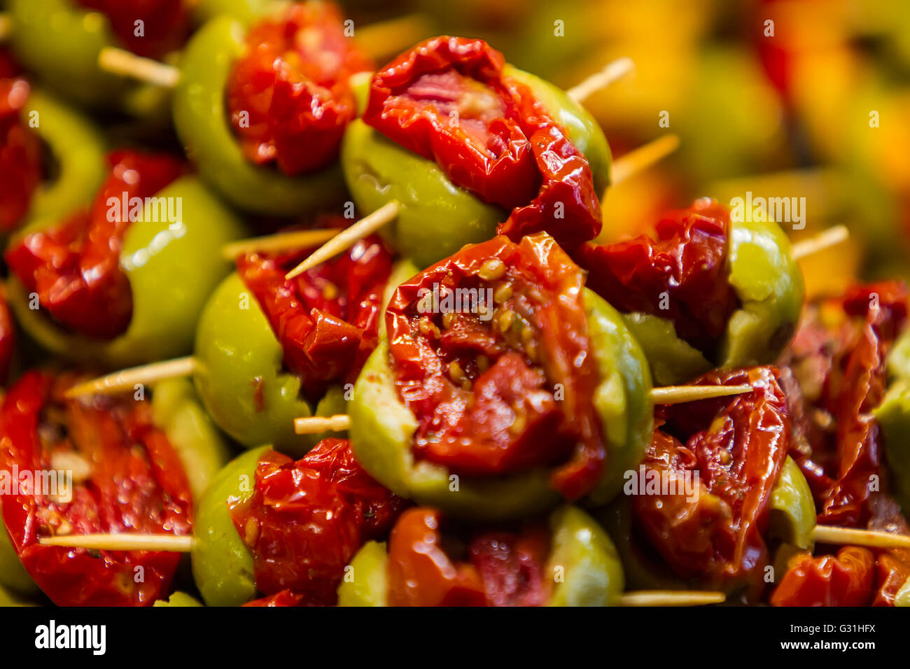 Close up view at  oliv salad at typical spanish food market Stock Photo
