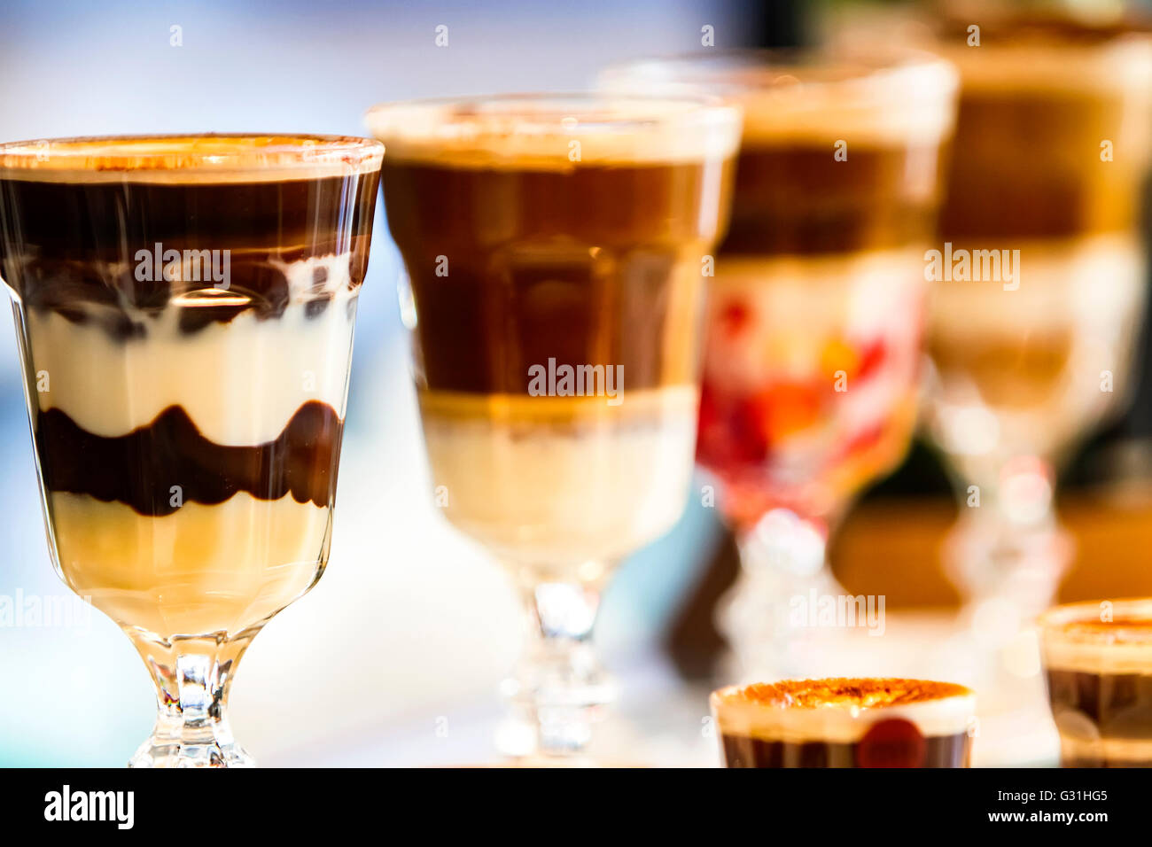 Close up view at ice coffees in glass cups Stock Photo