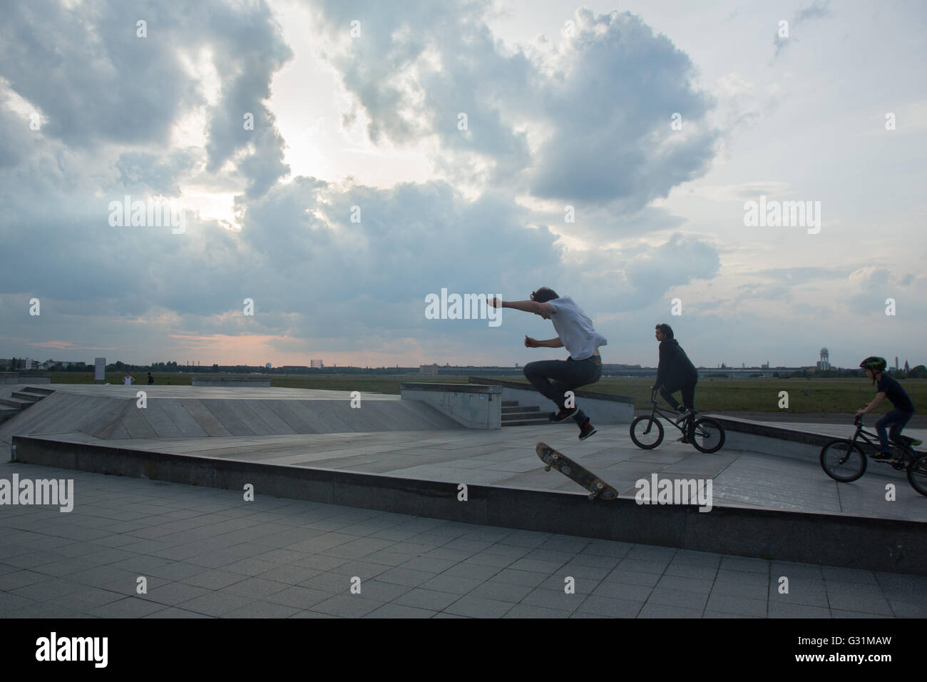 Berlin, Germany, young people on a skating rink on the Tempelhof Field Stock Photo