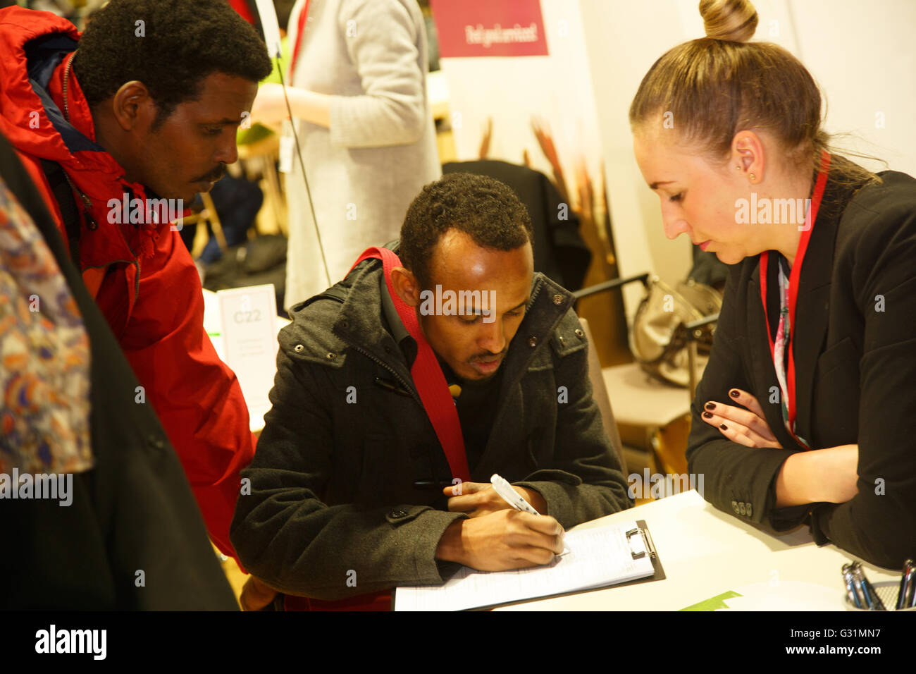 Berlin, Germany, Job Market for refugee people in the Hotel Estrel Stock Photo