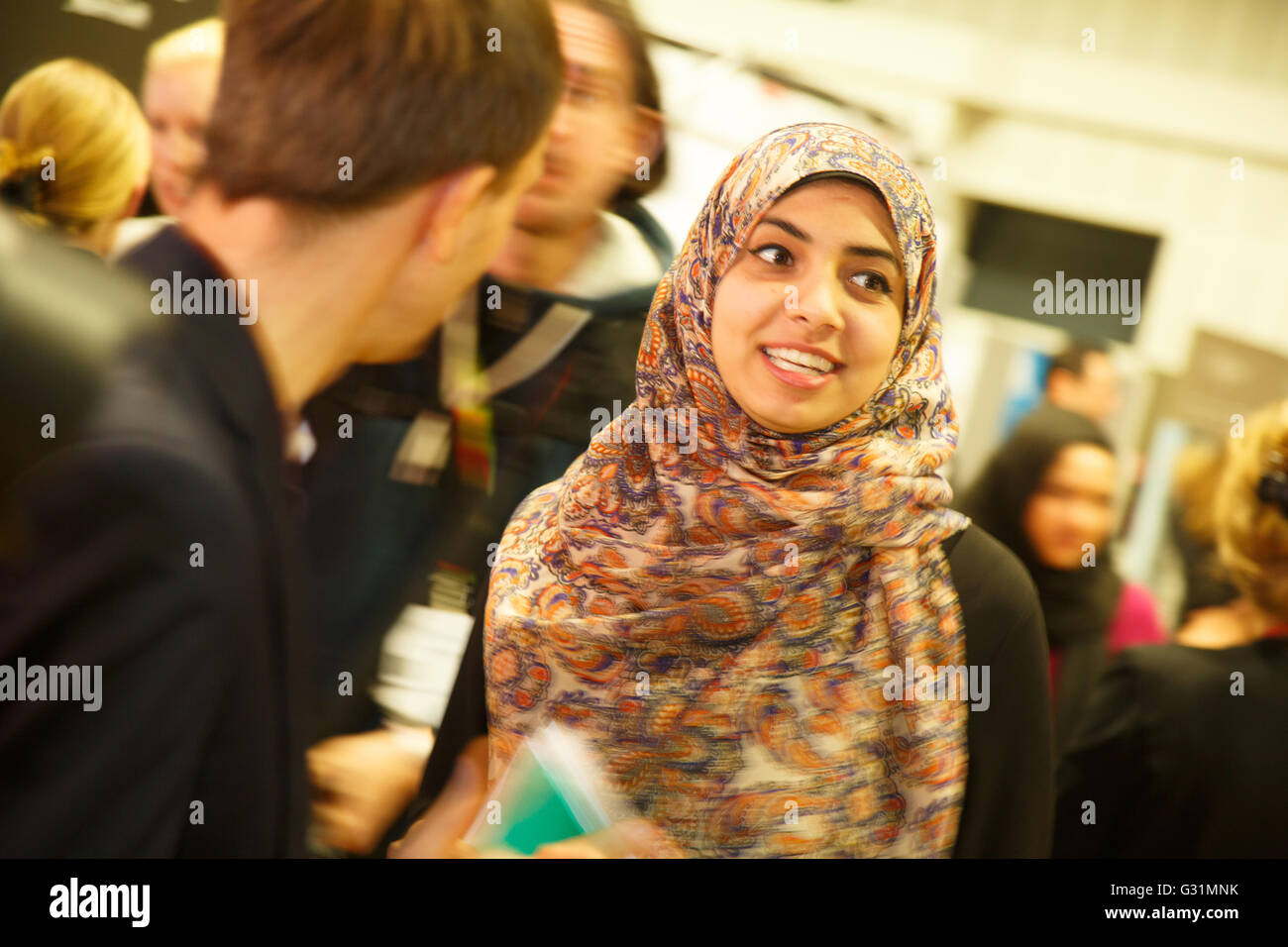 Berlin, Germany, Job Market for refugee people in the Hotel Estrel Stock Photo
