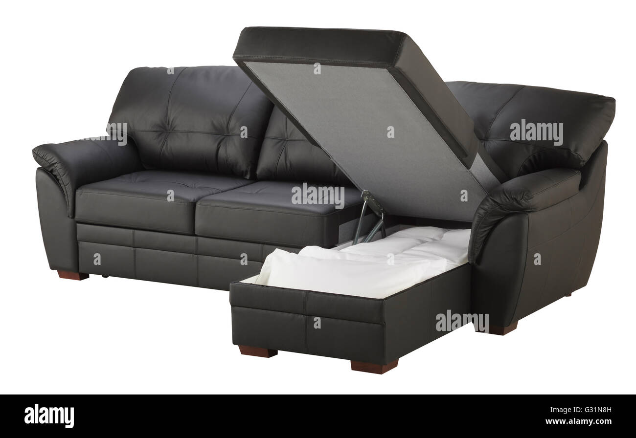 Black brown leather corner couch bed with storage isolated on white