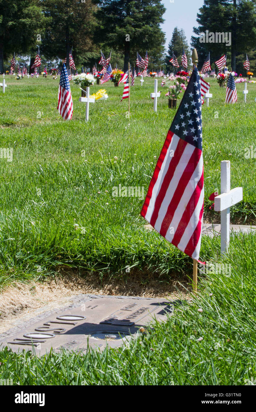 Hughson, CA, USA. 5th June, 2016. American flags along with white ...