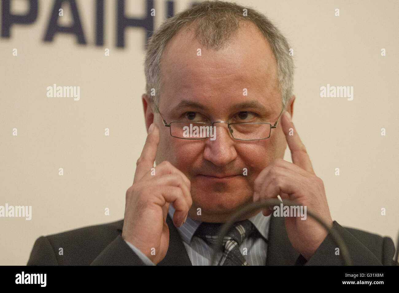 Kyiv, Ukraine. 6th June, 2016. Head of the Security Service of Ukraine.Vasyl Hrytsak is seen during the press conference. The Security Service of Ukraine has exposed a terrorist group that planned a series of terrorist attacks in France before and during the European Football Championship 2016. French citizen tried to export from Ukraine five Kalashnikov rifles with over 5000 ammunition, anti-tank rocket-propelled grenade launcher RPG-7 with 18 grenades, 125 kilograms of TNT and a hundred electric detonators. Credit:  Sergii Kharchenko/ZUMA Wire/Alamy Live News Stock Photo