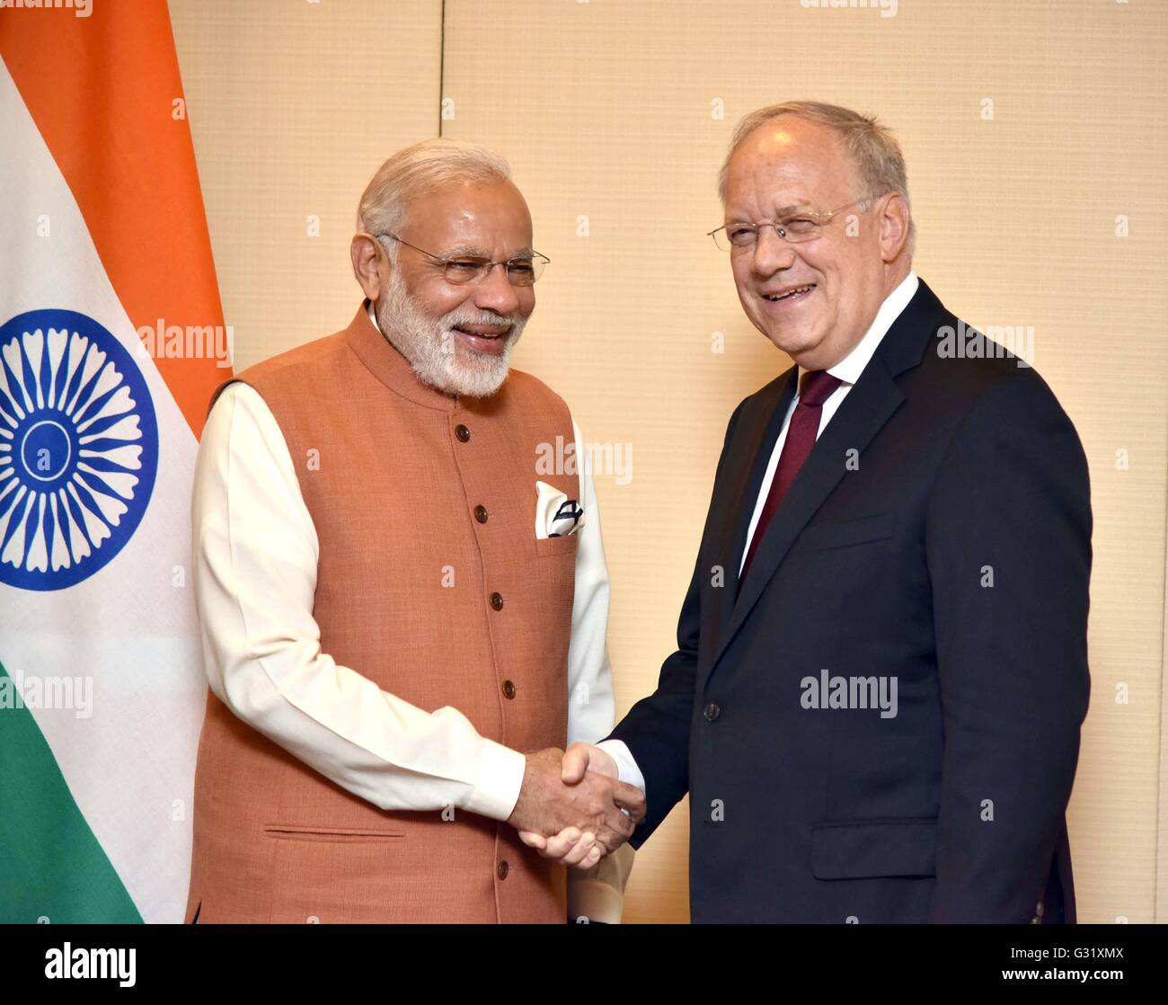 Swiss President Johann Schneider-Ammann welcomes Indian Prime Minister Narendra Modi before their bilateral meeting June 6, 2016 in Geneva, Switzerland. Stock Photo