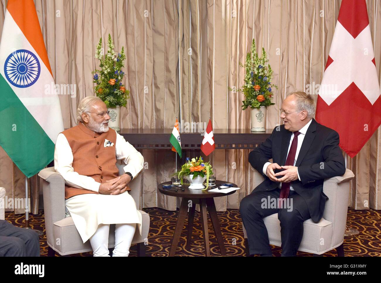 Swiss President Johann Schneider-Ammann during a bilateral meeting with Indian Prime Minister Narendra Modi June 6, 2016 in Geneva, Switzerland. Stock Photo