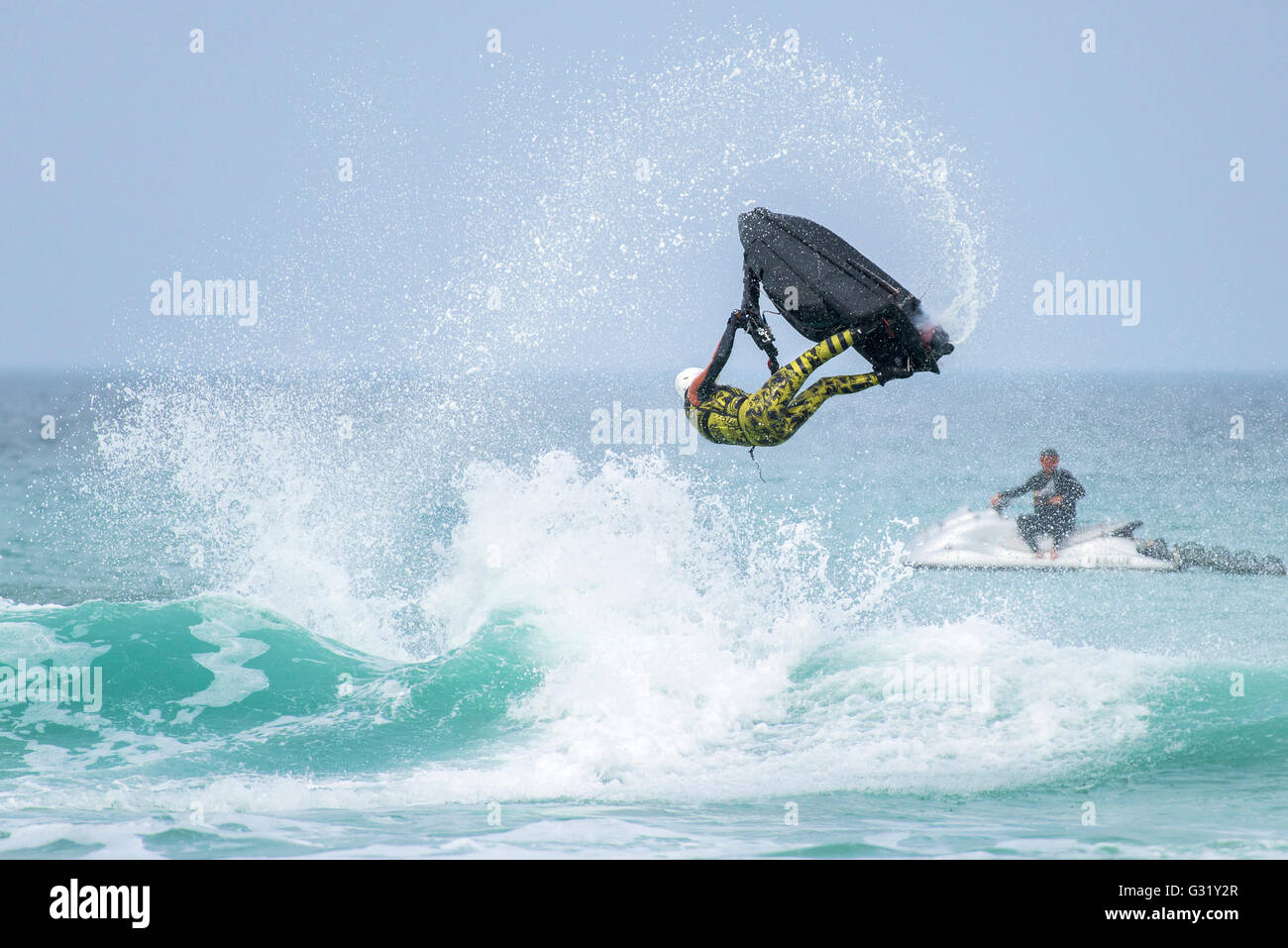 Fistral, Newquay, Cornwall. 6th June, 2016.  Dan Foy performs a spectacular stunt on his Jet-ski at the IFWA World Freeride Championships.  Photographer: Gordon Scammell/Alamy Live News. Stock Photo