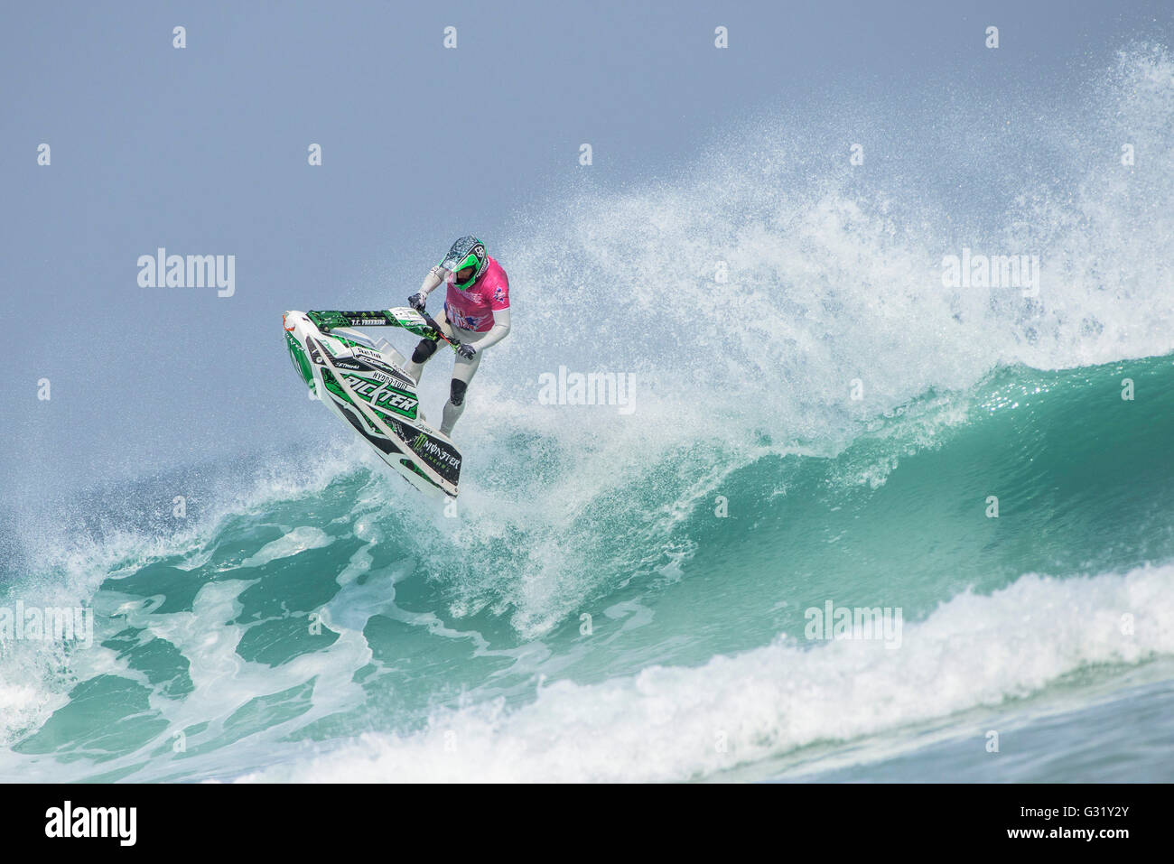 Fistral, Newquay, Cornwall. 6th June, 2016.  Abraham Hochstrasse from Germany performs a spectacular stunt on his Jet-ski at the IFWA World Freeride Championships.  Photographer: Gordon Scammell/Alamy Live News. Stock Photo