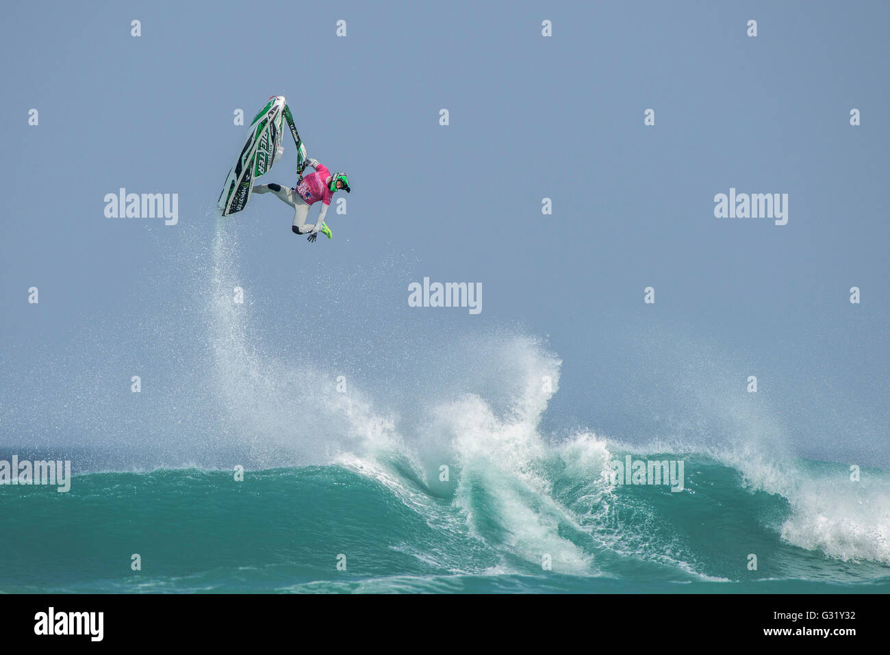 Fistral, Newquay, Cornwall. 6th June, 2016.  Stunning action from Abraham Hochstrasse from Germany as he performs a spectacular stunt on his Jet-ski at the IFWA World Freeride Championships.  Photographer: Gordon Scammell/Alamy Live News. Stock Photo