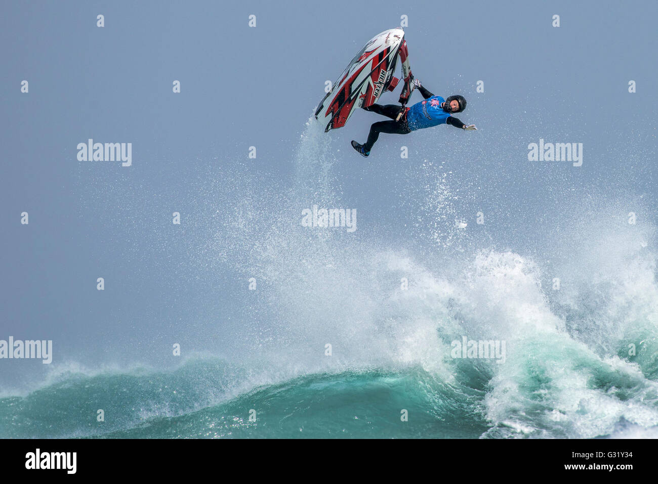 Fistral, Newquay, Cornwall. 6th June, 2016.  Spectacular action as a Jet skier explodes from the waves at the IFWA World Freeride Championships.  Photographer: Gordon Scammell/Alamy Live News. Stock Photo