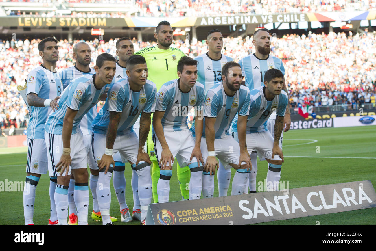 Santa Clara, USA. 6th June, 2016. Starting players of Argentina line up before the Copa America Centenario Group D match between Argentina and Chile at the Levi's Stadium in Santa Clara, California, the United States, June 6, 2016. Credit:  Yang Lei/Xinhua/Alamy Live News Stock Photo