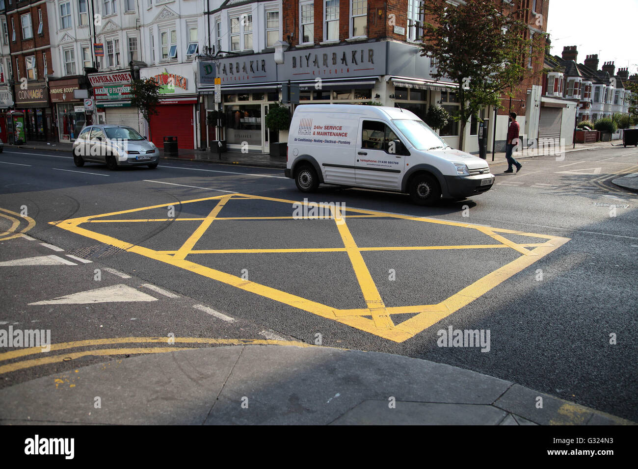 Harringay, North London 7 June 2016. Yellow Box marking at the junction