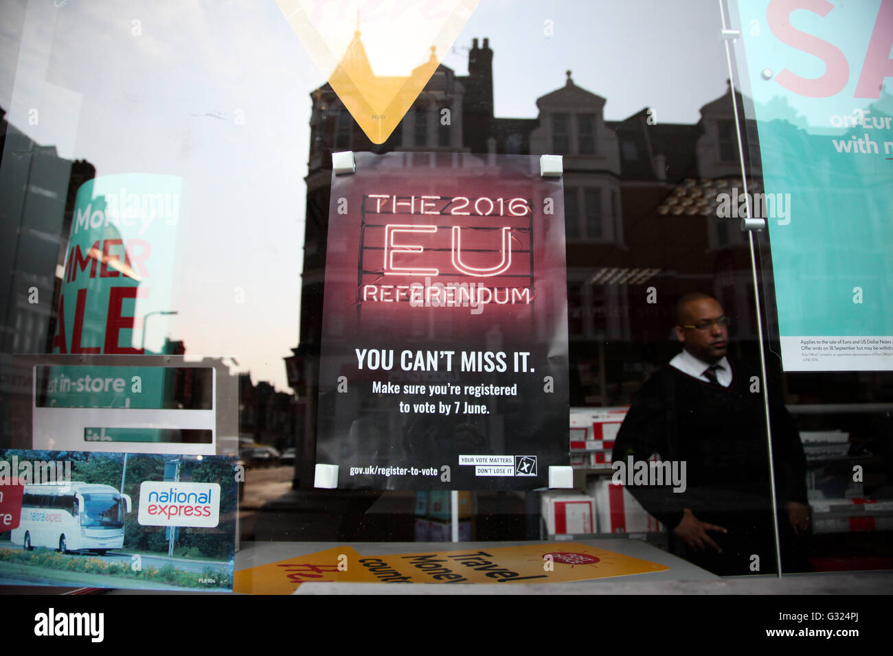 Harringay, North London 7 June 2016. A poster on display  on a post office window on Green Lanes, Harrigay in North London for register to vote in EU Referendum. Stock Photo