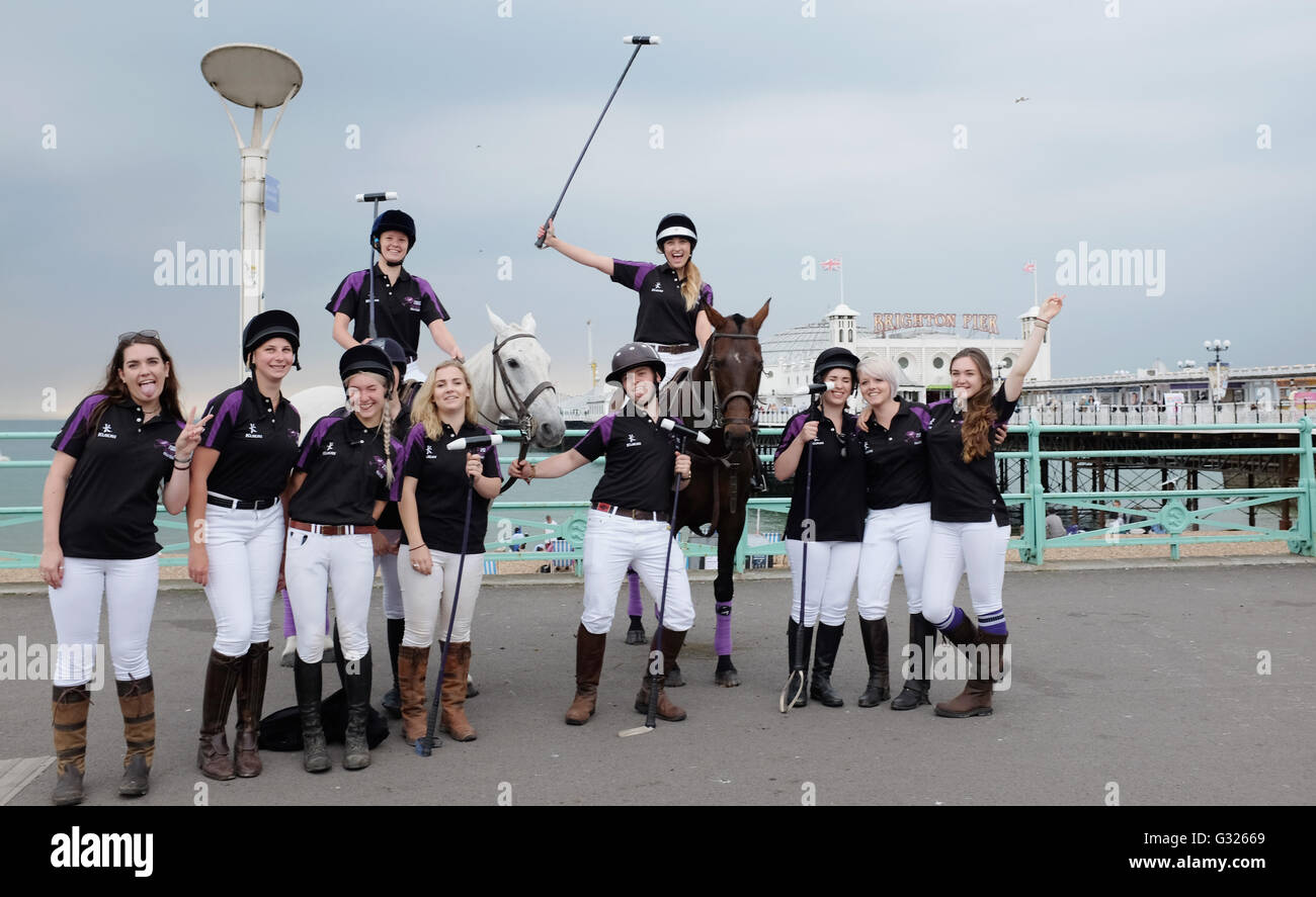 Brighton UK 7th June 2016 - Members of the newly formed University of Brighton  Polo team took a break from training to introduce themselves to the public on Brighton seafront this morning  Credit:  Simon Dack/Alamy Live News Stock Photo