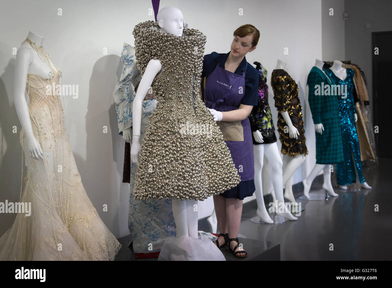 Dresses worn by the singer Bjork go on show at Kerry Taylor Auctions in London, before the Passion for Fashion auction in which they will be sold and the individual lots are expected to fetch a total price of approximately &Acirc;£40,000. Stock Photo