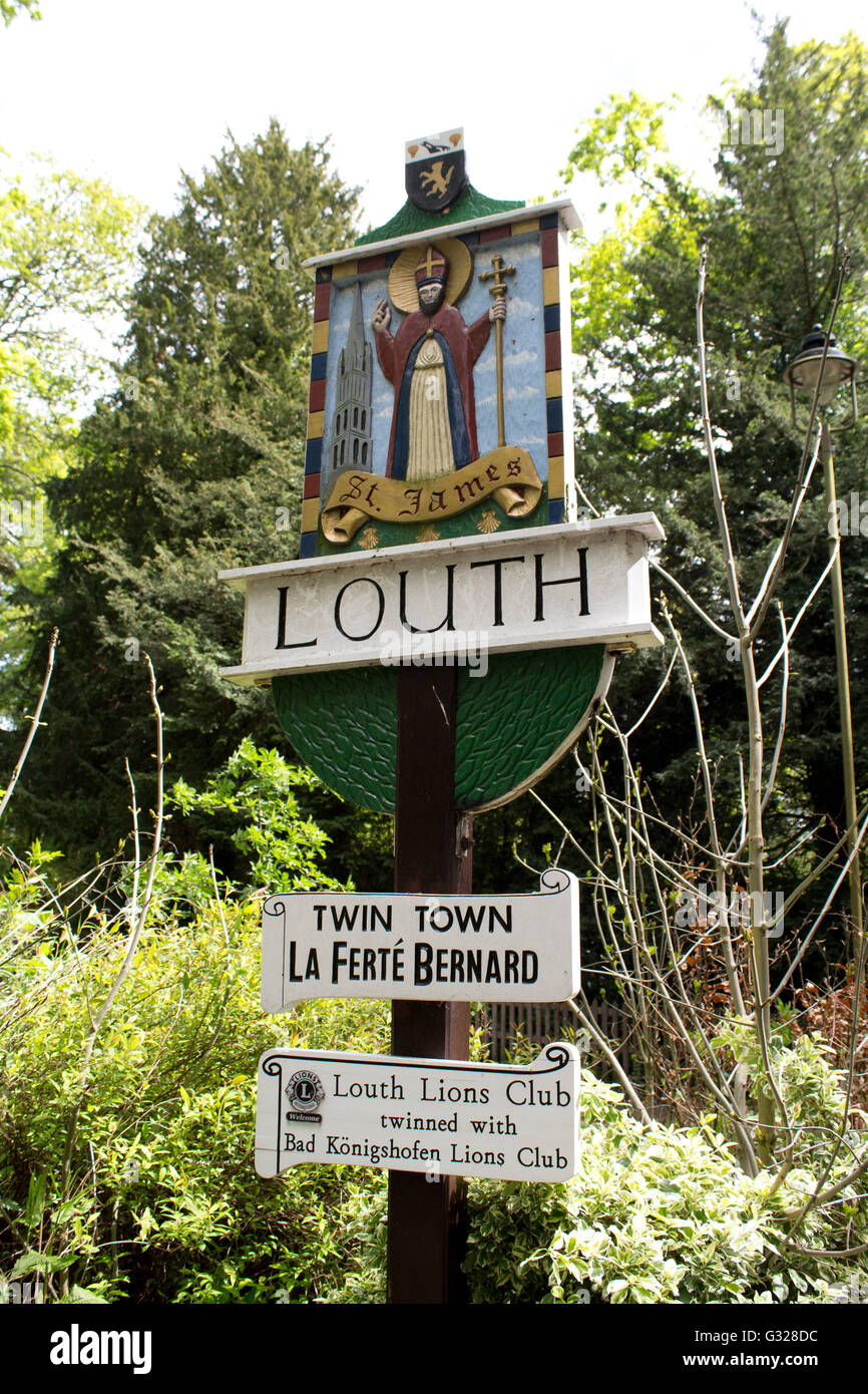 Signage at the entrance to Louth, twinned with La Ferte Bernard. The