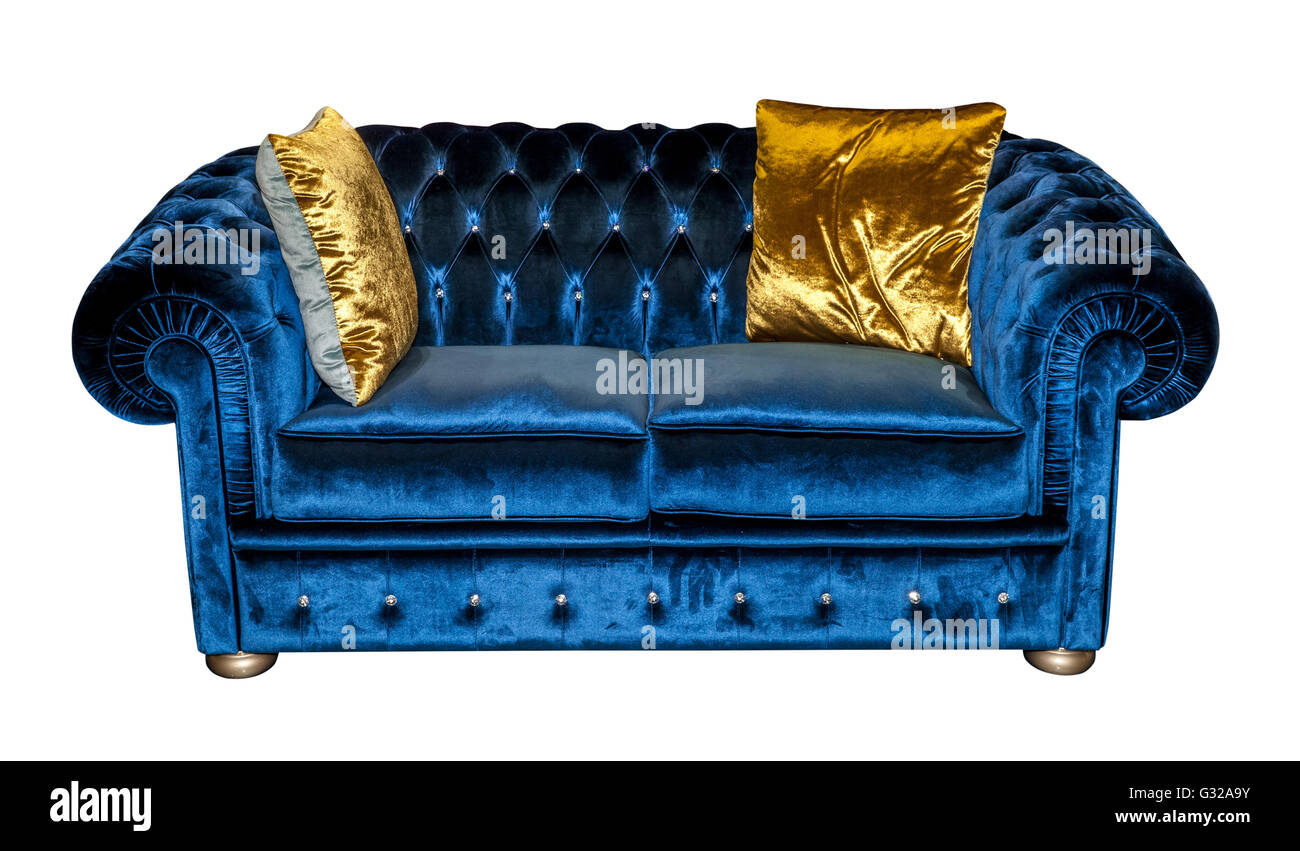 Blue sofa with yellow pillows isolated Stock Photo Alamy